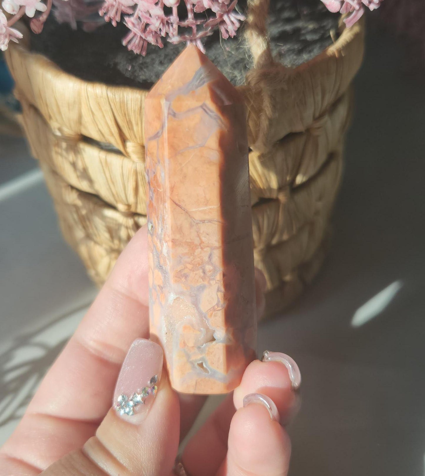 Beautiful druzy pink agate tower