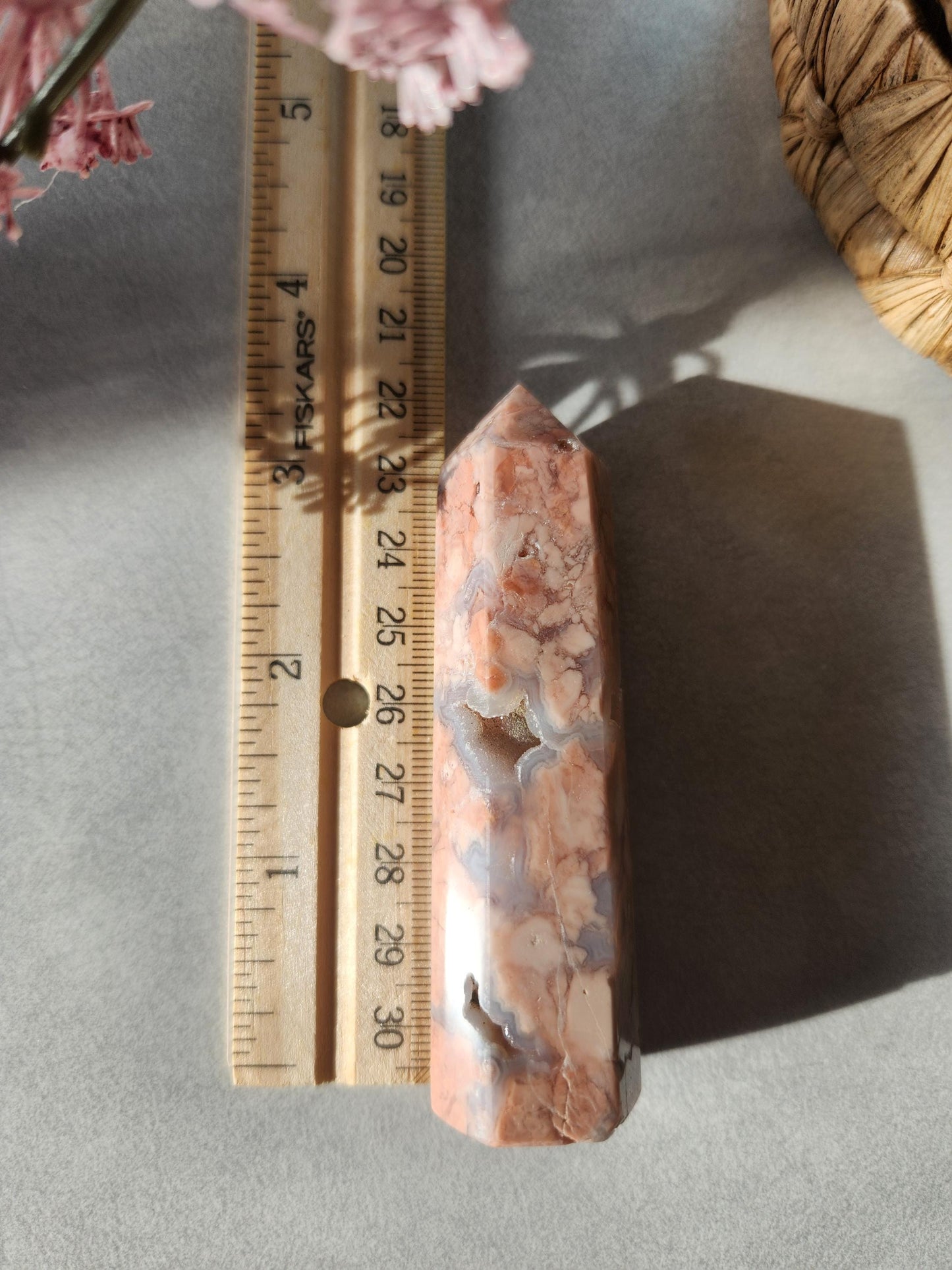 Pretty pink agate tower with sparkly druzy