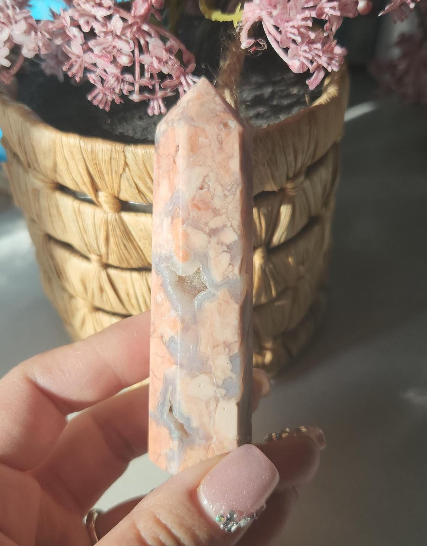 Pretty pink agate tower with sparkly druzy