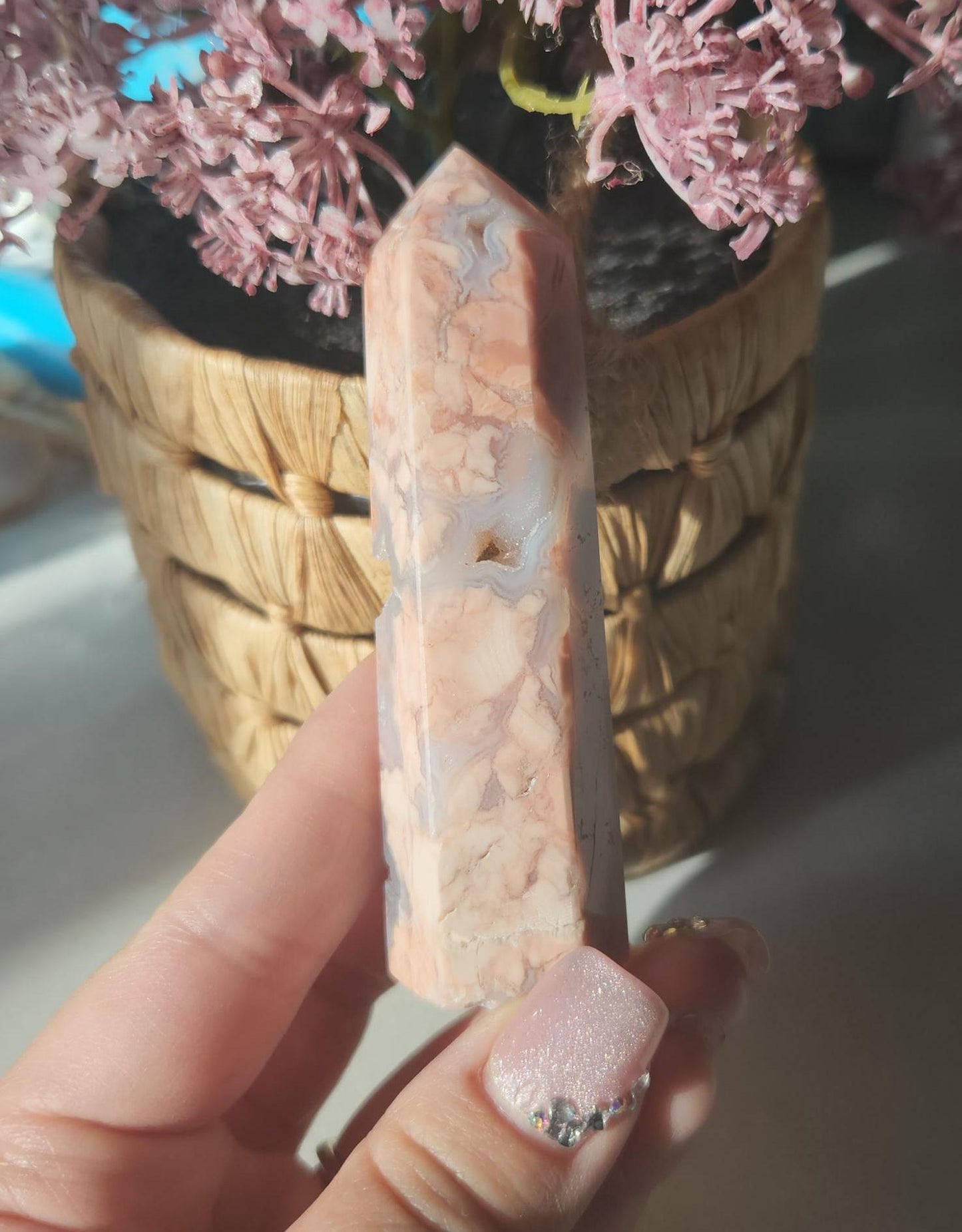 Pretty pink agate tower with sparkly druzy