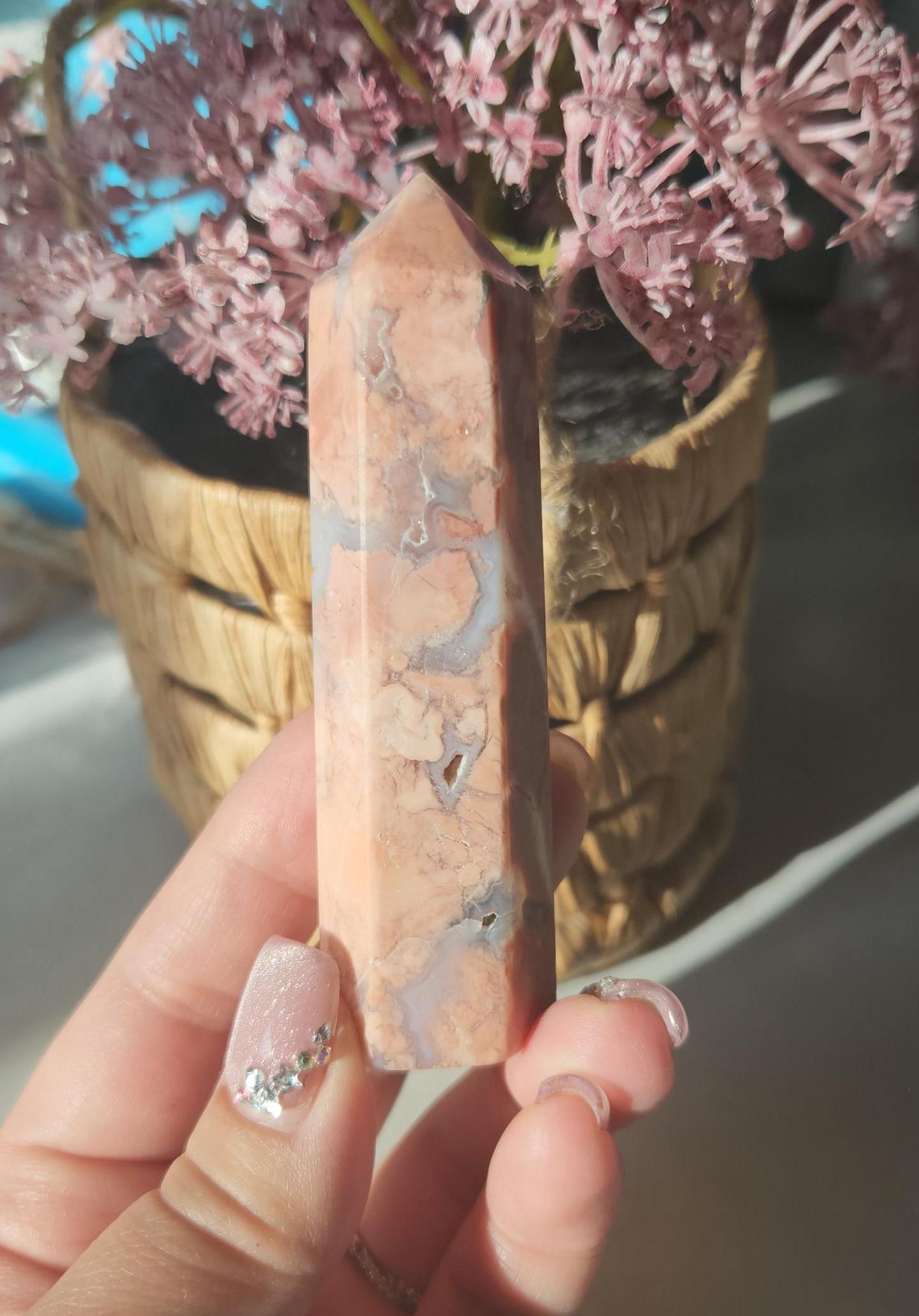 Pretty pink agate tower with sparkly druzy