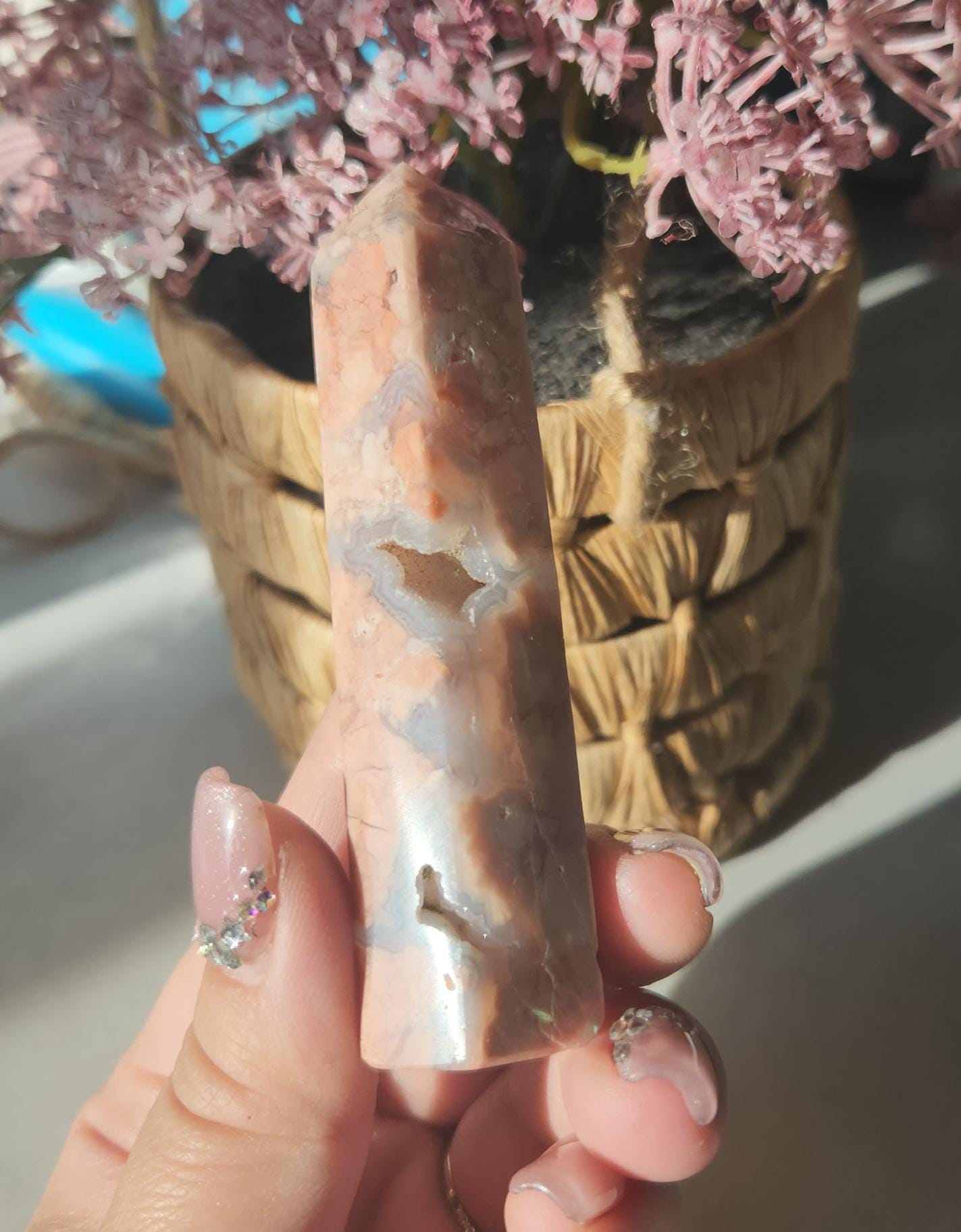 Pretty pink agate tower with sparkly druzy