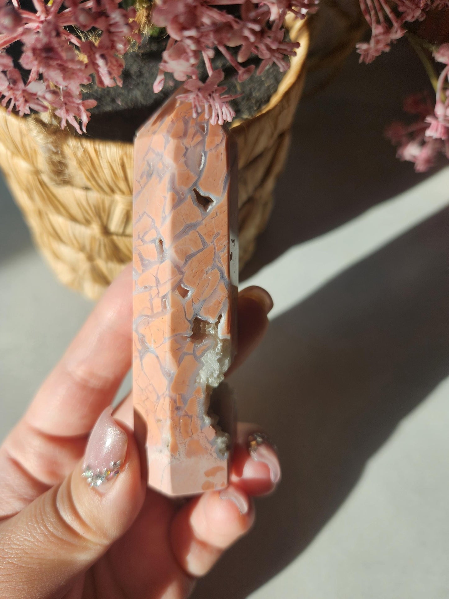 Amazing pink agate tower with sparkly druzy and quartz