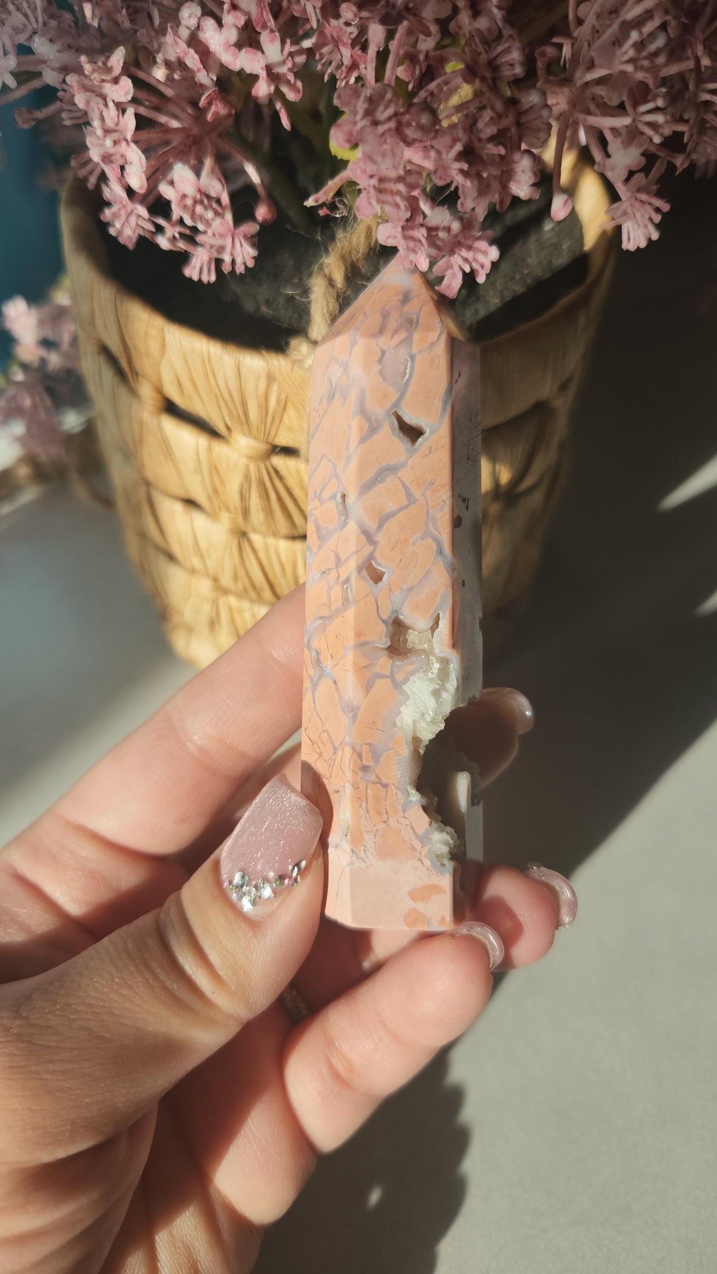 Amazing pink agate tower with sparkly druzy and quartz