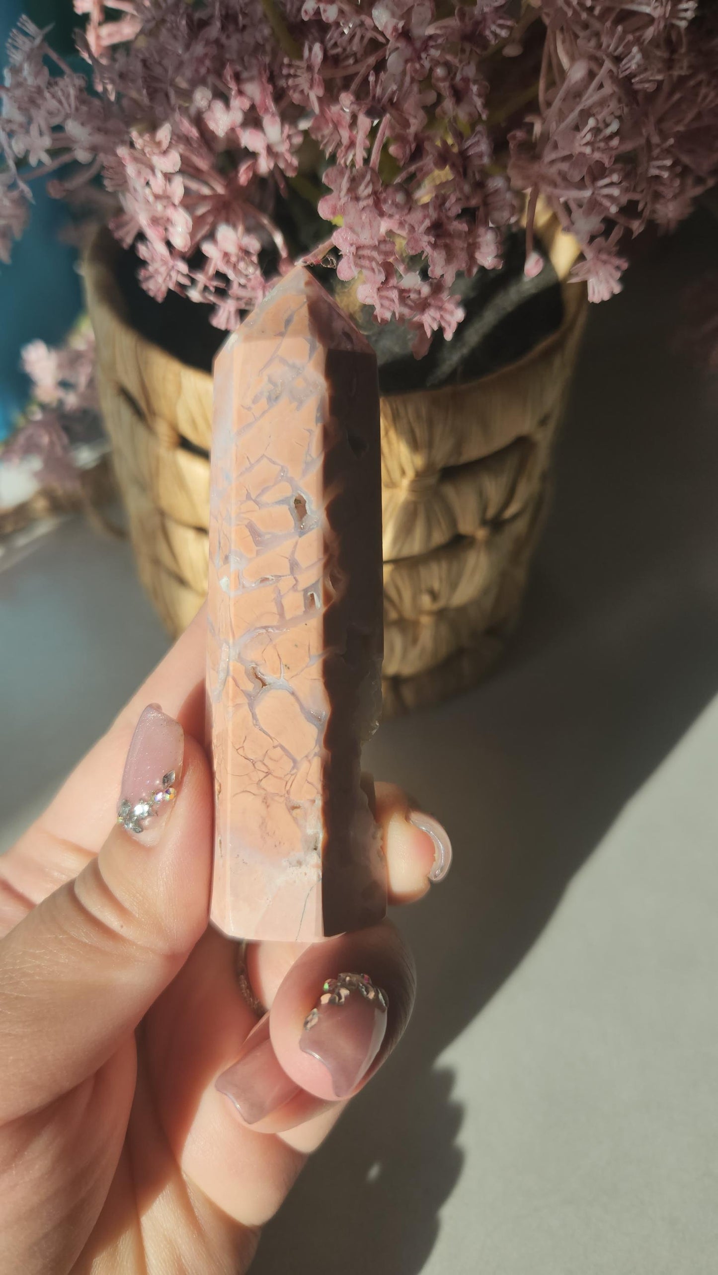 Amazing pink agate tower with sparkly druzy and quartz