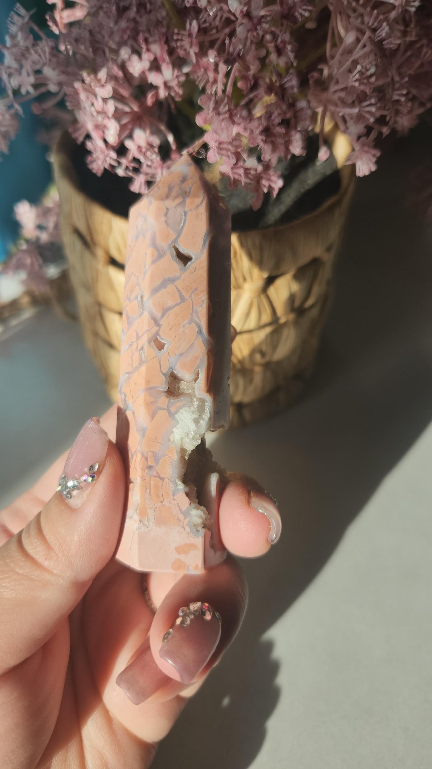 Amazing pink agate tower with sparkly druzy and quartz