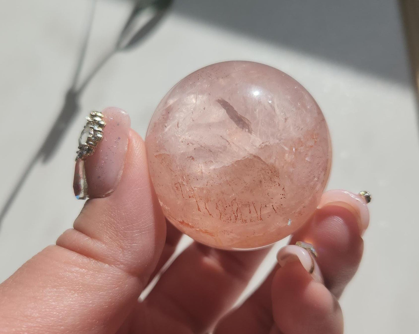 Rare 6 star rose quartz sphere with fire quartz, Hematoid inclusions and rainbows, natural/genuine, untreated