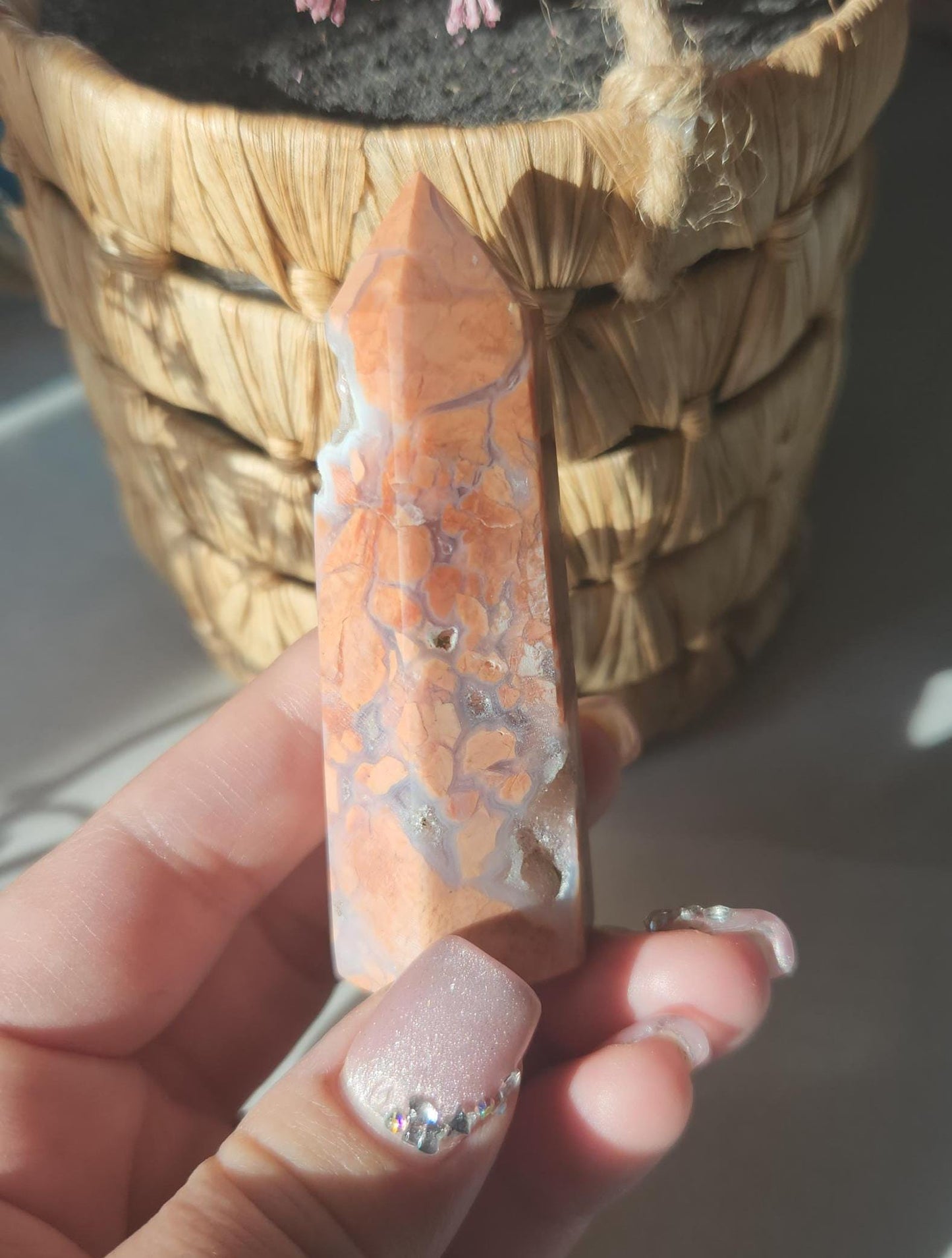 Beautiful druzy pink agate tower