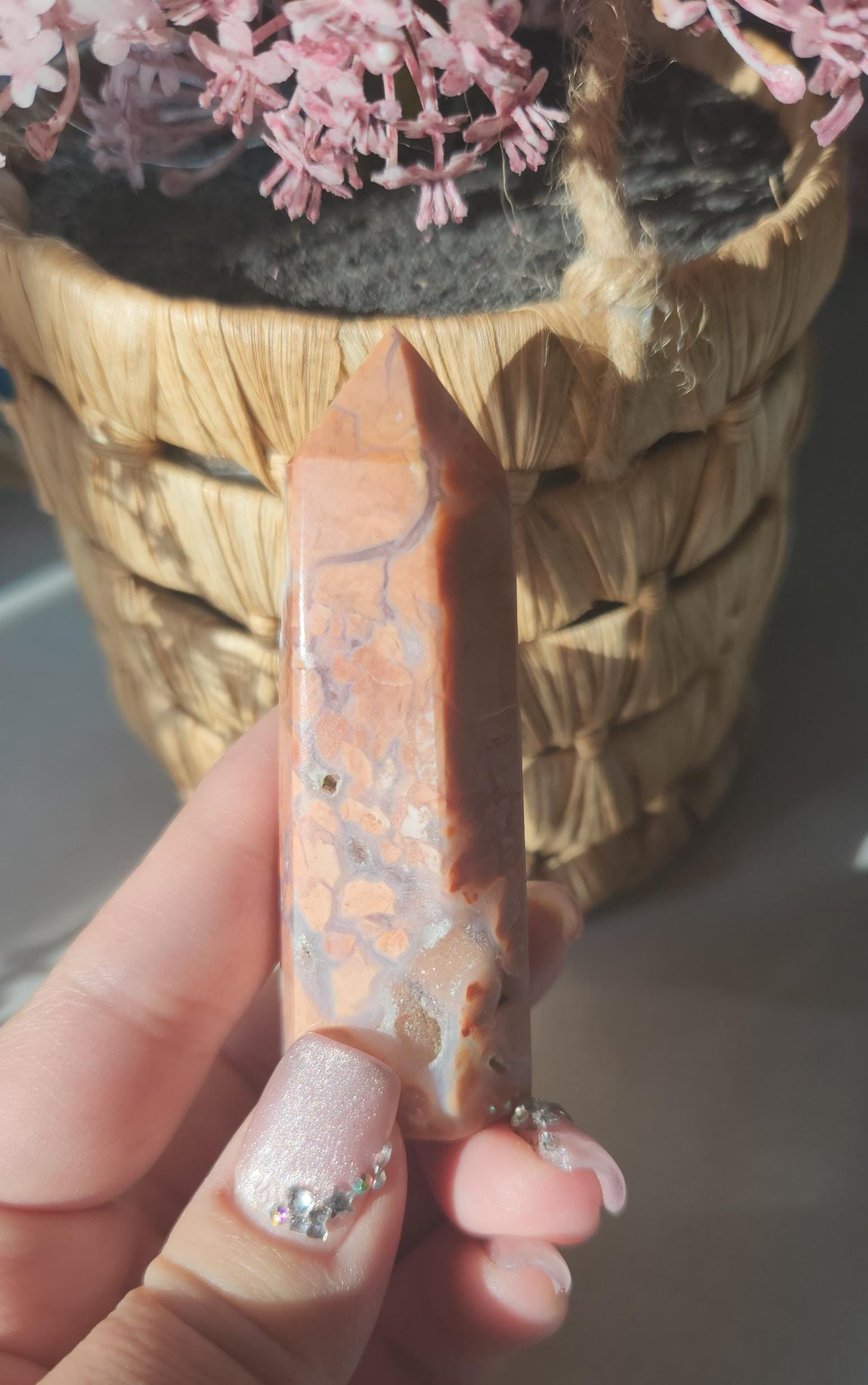 Beautiful druzy pink agate tower