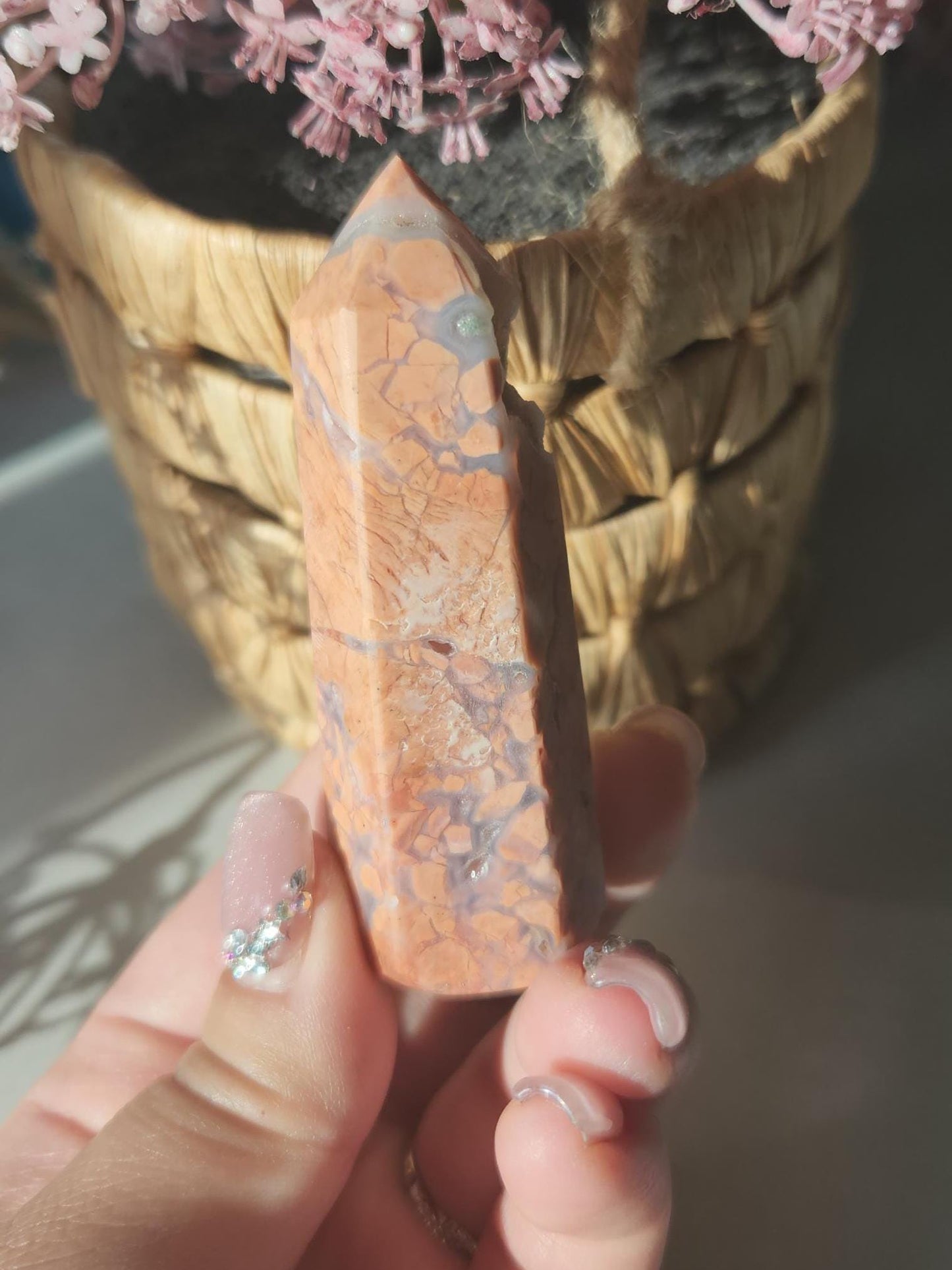 Beautiful druzy pink agate tower
