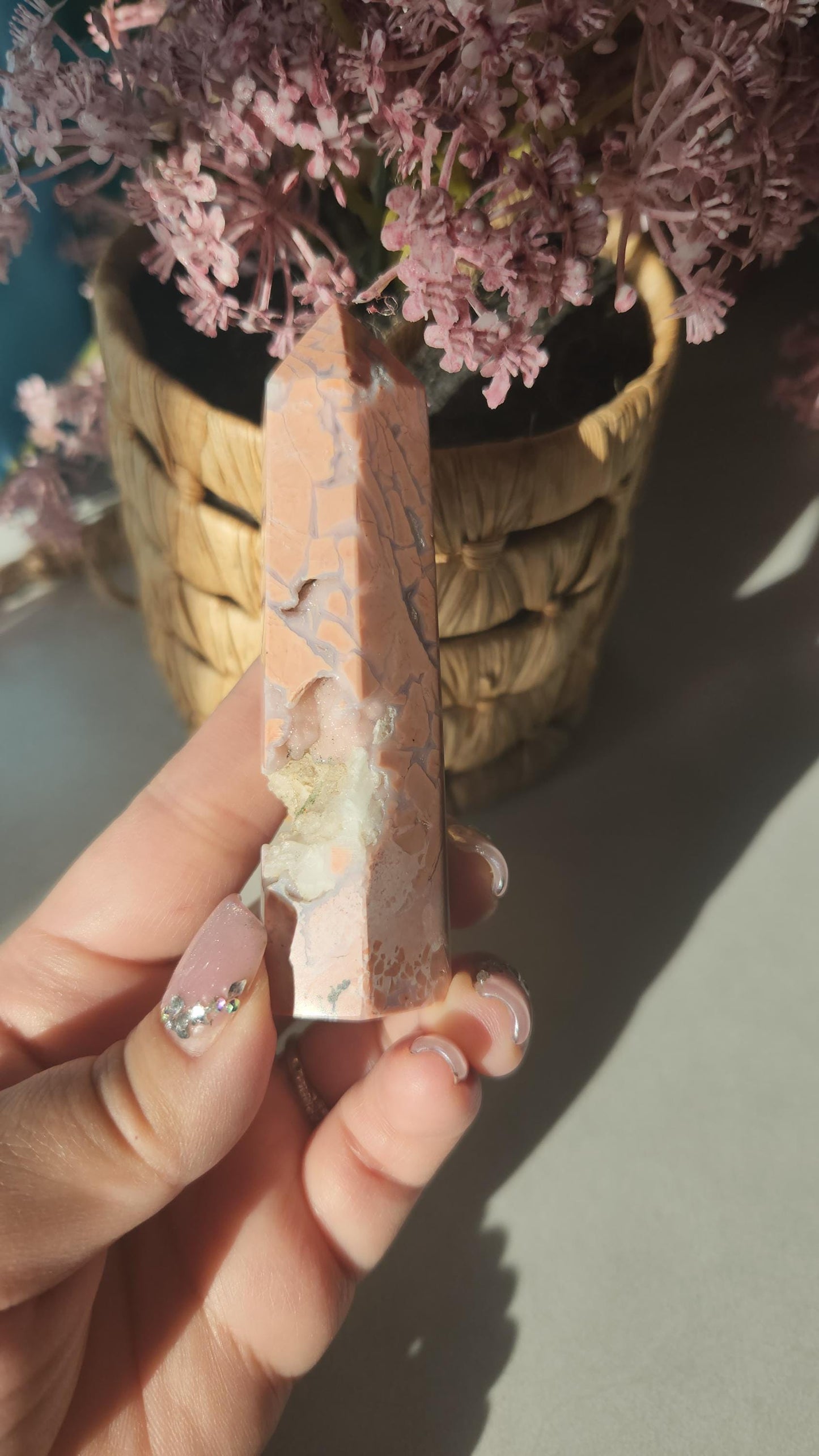 Amazing pink agate tower with sparkly druzy and quartz