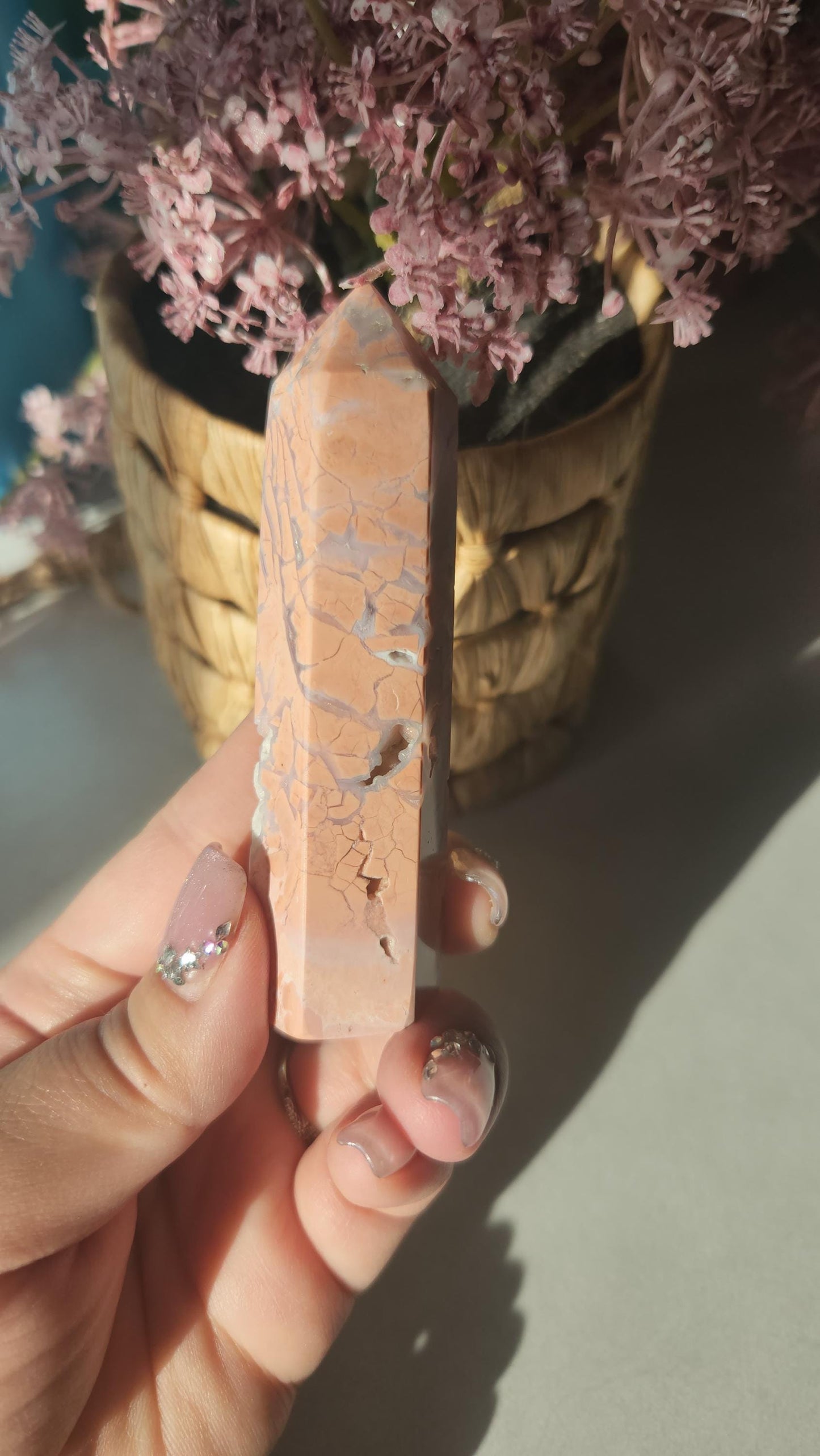 Amazing pink agate tower with sparkly druzy and quartz