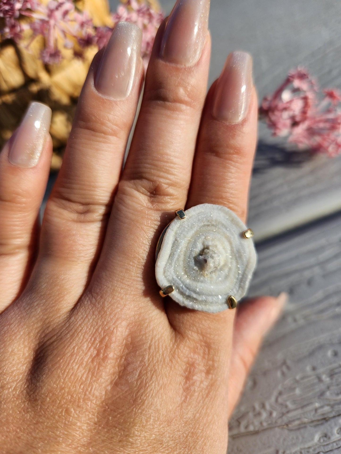 Rare white chalcedony agate ring on silver with beautiful sparkles, adjustable ring, natural colors