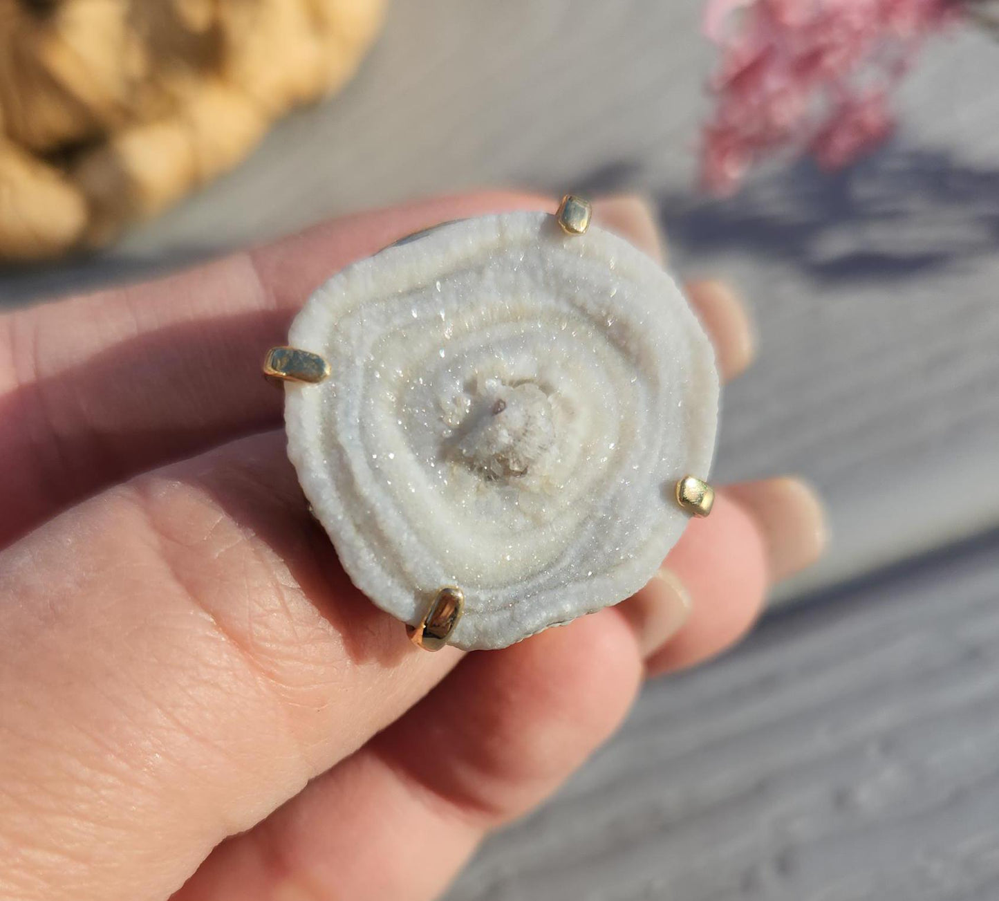 Rare white chalcedony agate ring on silver with beautiful sparkles, adjustable ring, natural colors