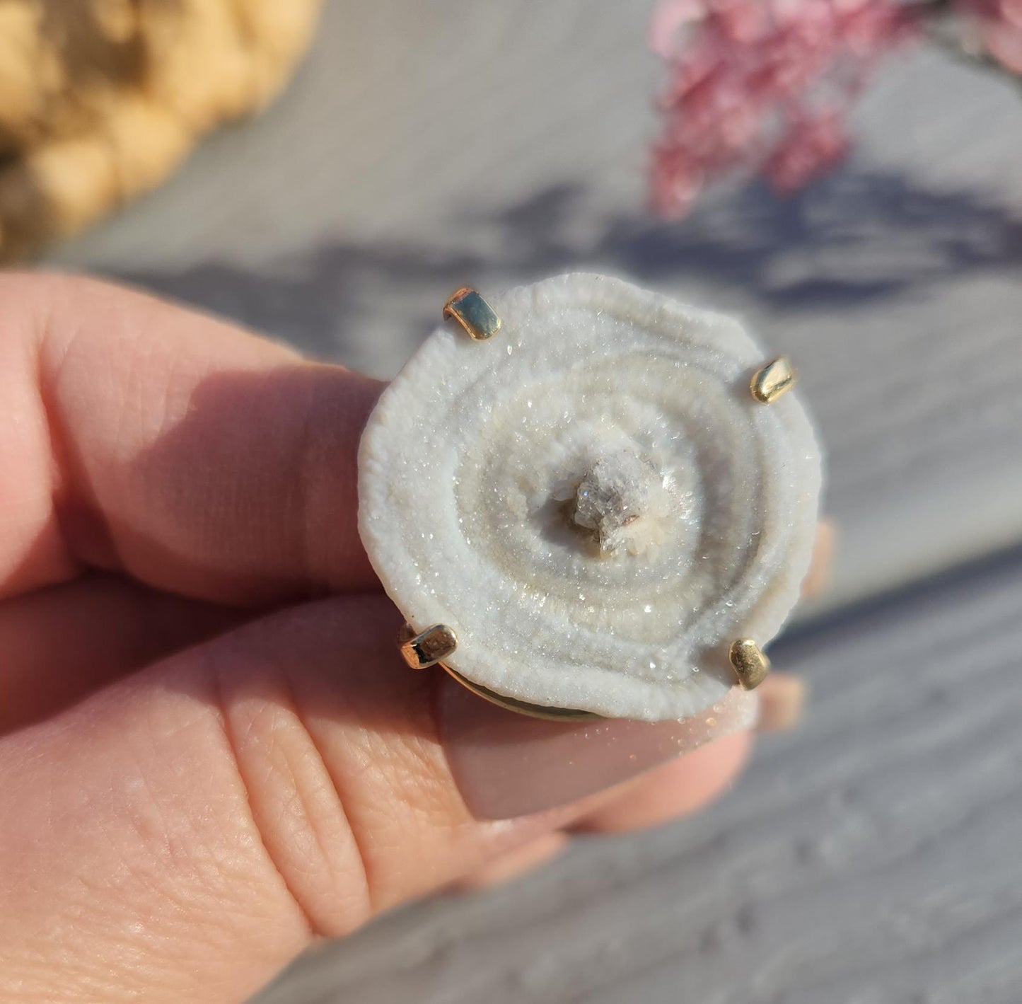 Rare white chalcedony agate ring on silver with beautiful sparkles, adjustable ring, natural colors