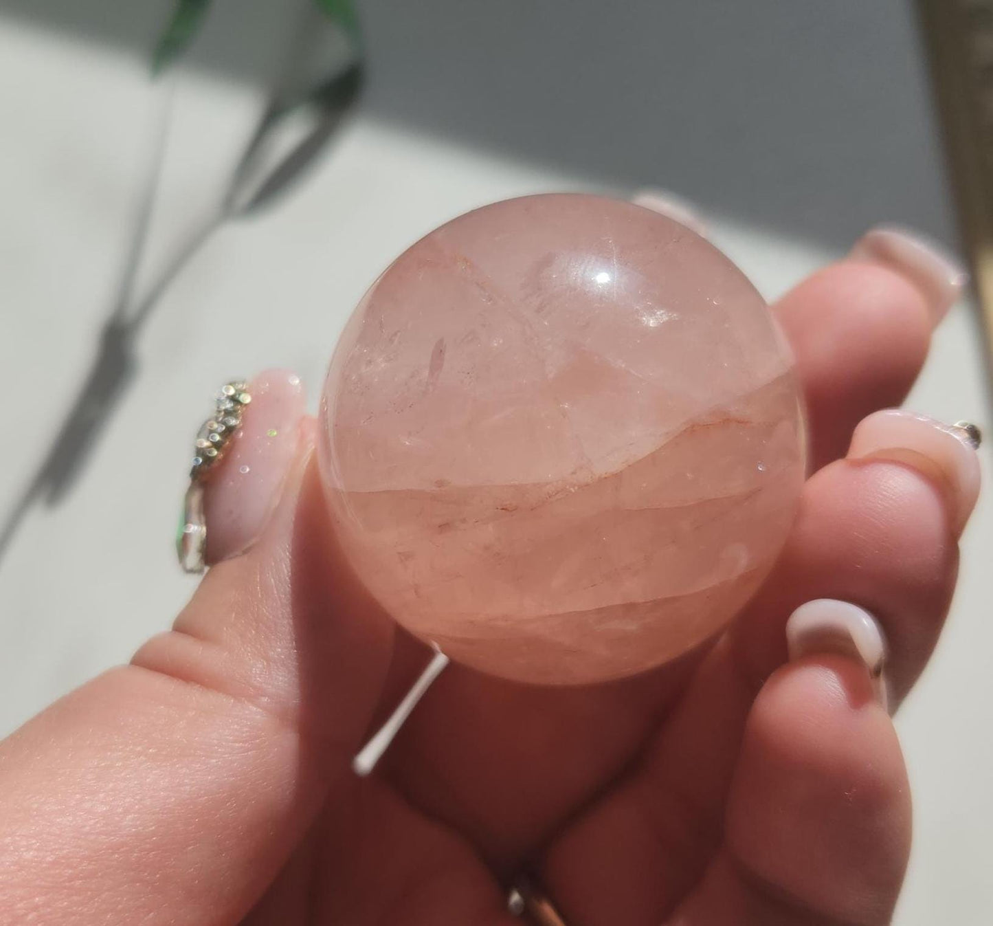 Rare 6 star rose quartz sphere with fire quartz, Hematoid inclusions and rainbows, natural/genuine, untreated