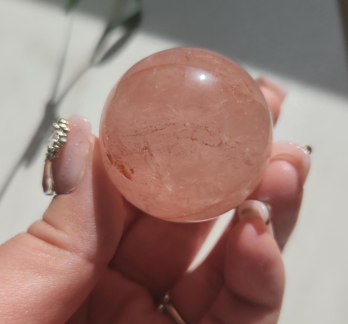 Rare 6 star rose quartz sphere with fire quartz, Hematoid inclusions and rainbows, natural/genuine, untreated