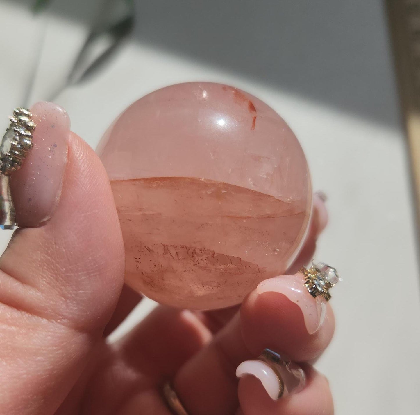 Rare 6 star rose quartz sphere with fire quartz, Hematoid inclusions and rainbows, natural/genuine, untreated