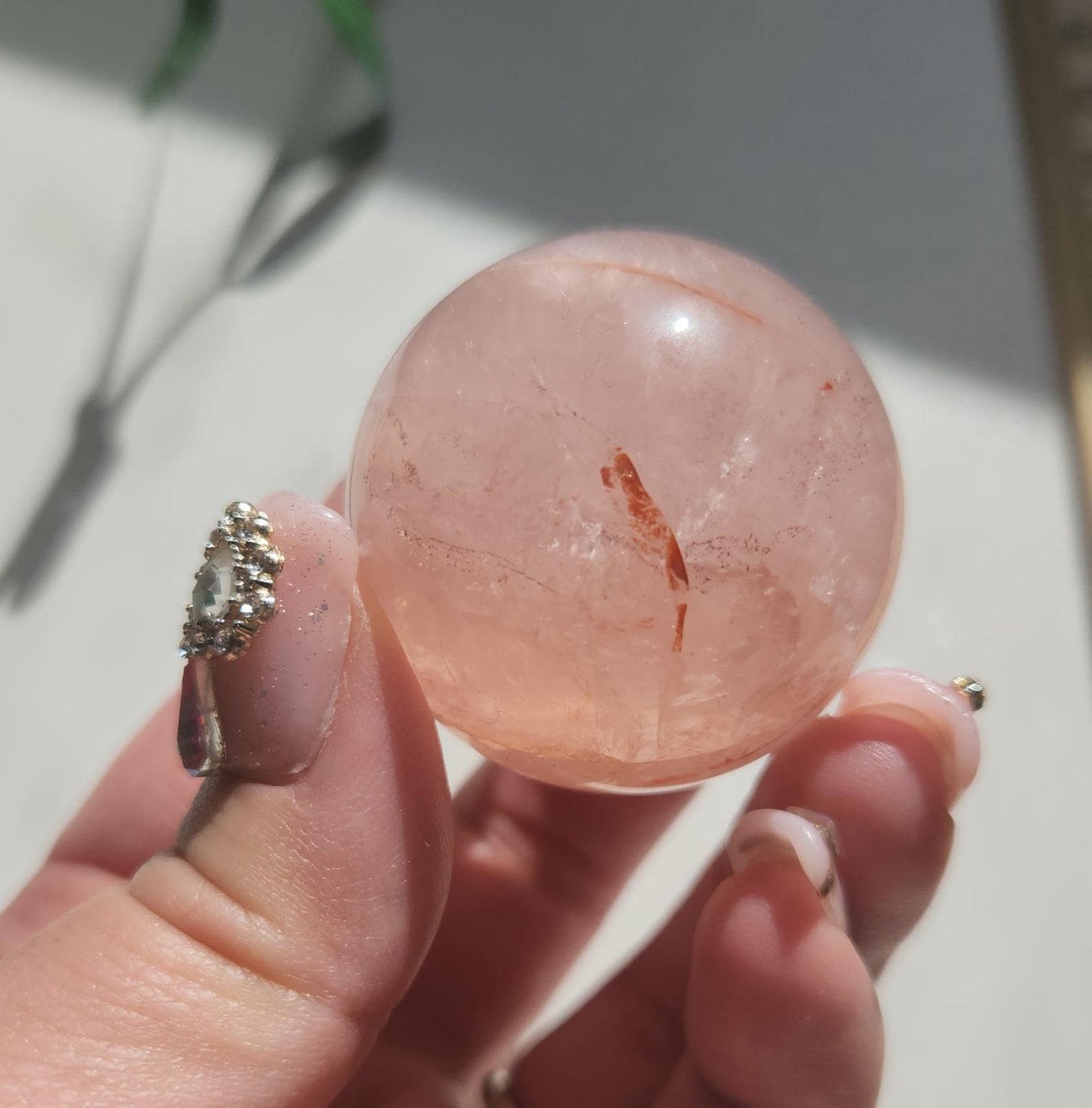 Rare 6 star rose quartz sphere with fire quartz, Hematoid inclusions and rainbows, natural/genuine, untreated