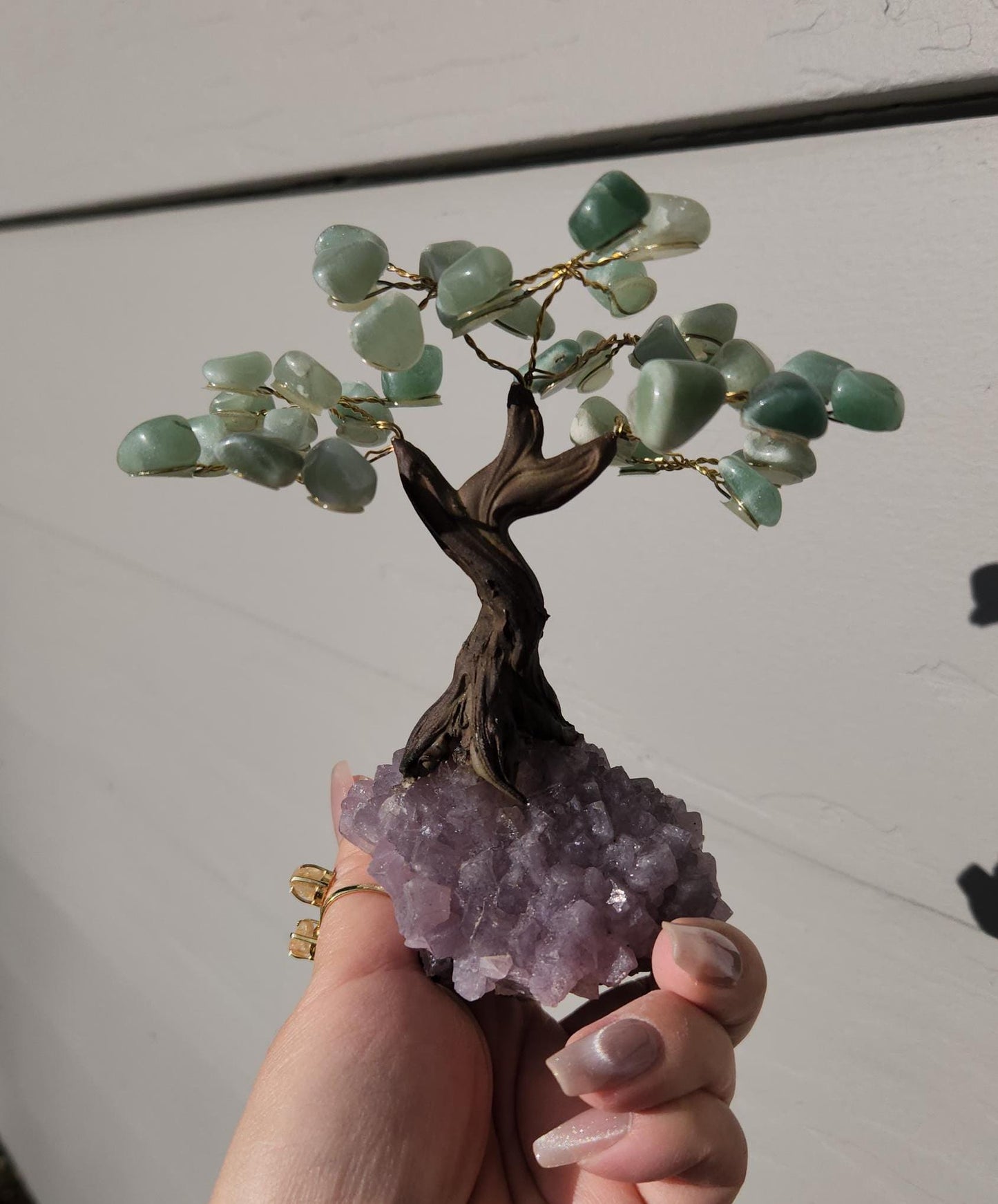 Lucky green aventurine bonsai tree with purple amethyst cluster base from Brazil, home decor