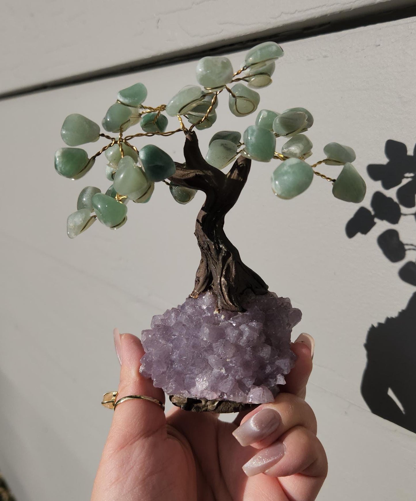 Lucky green aventurine bonsai tree with purple amethyst cluster base from Brazil, home decor