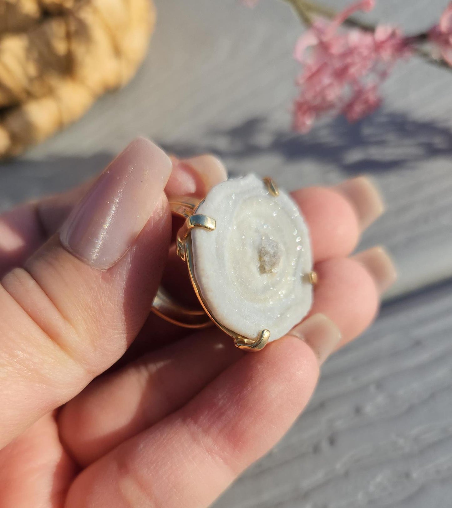 Rare white chalcedony agate ring on silver with beautiful sparkles, adjustable ring, natural colors