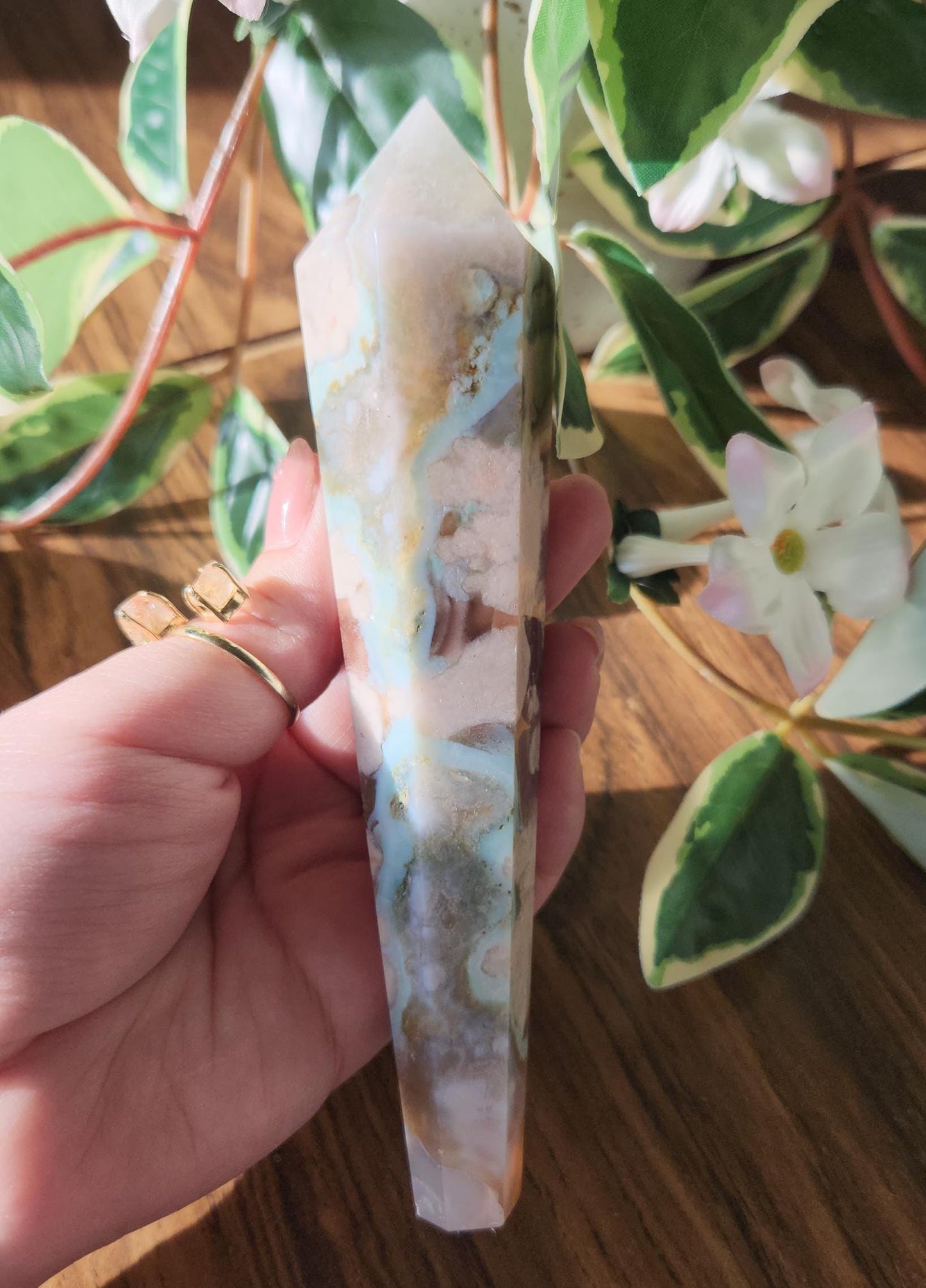 Beautiful green flower agate wand with stand