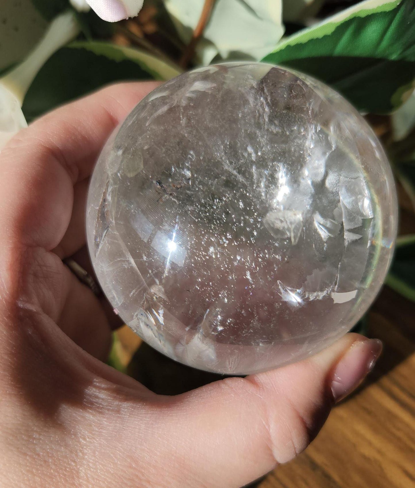 Amazing lemurian clear quartz sphere with rainbows and inclusions, from the Tocantins mine in Brazil, authentic lemurian 125L. 64-65mm