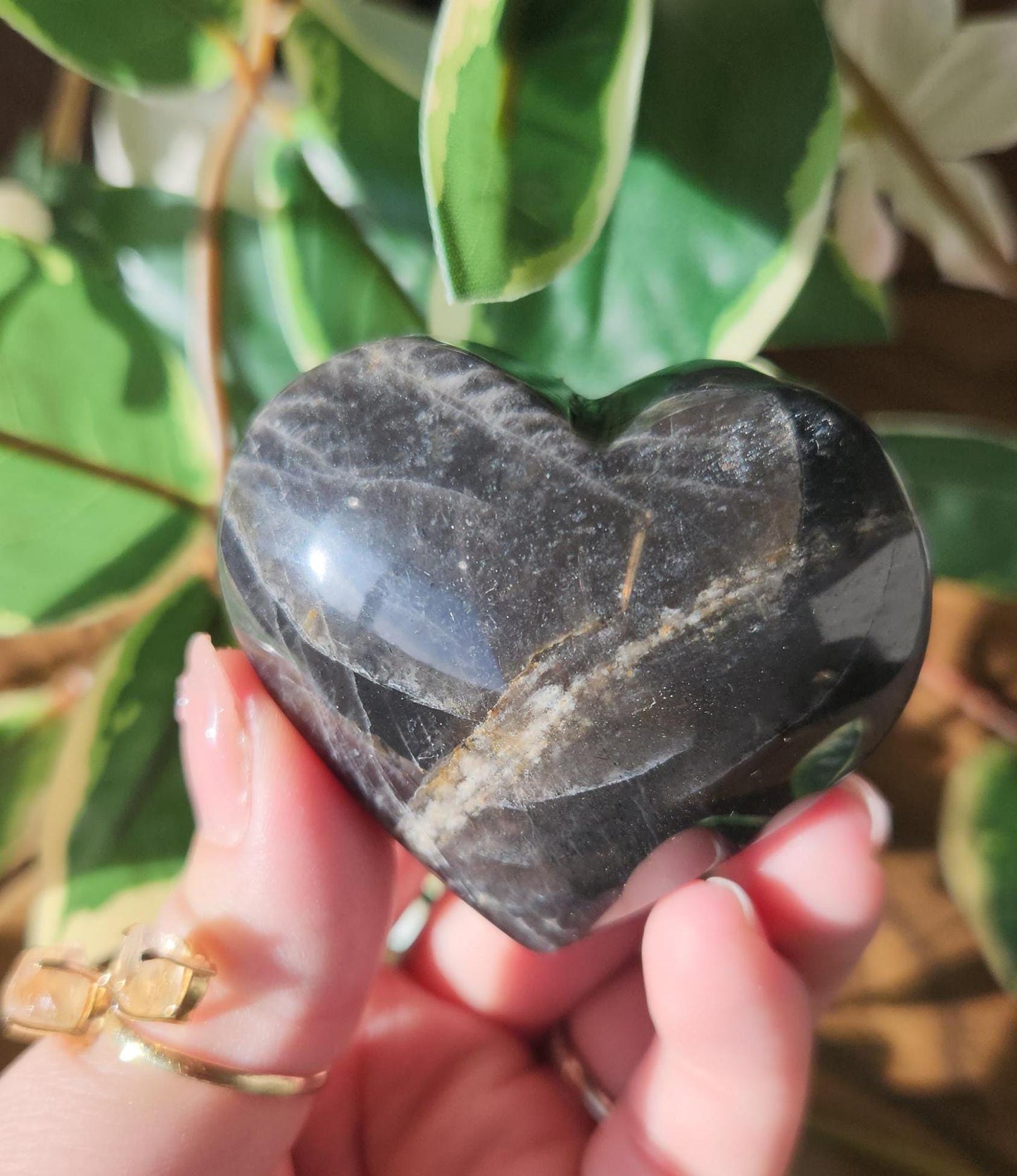 Beautiful black moonstone heart with a nice flash