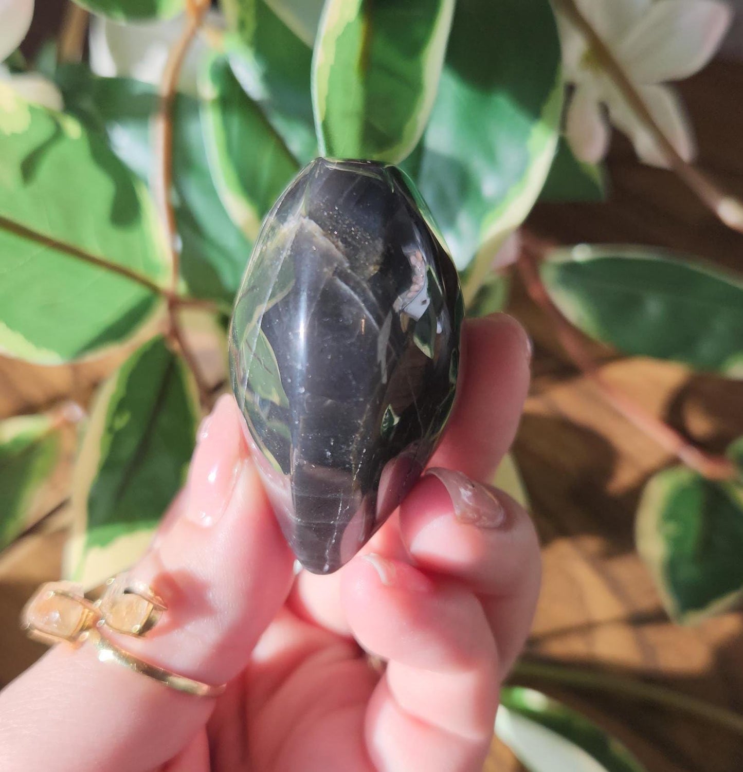 Beautiful black moonstone heart with a nice flash