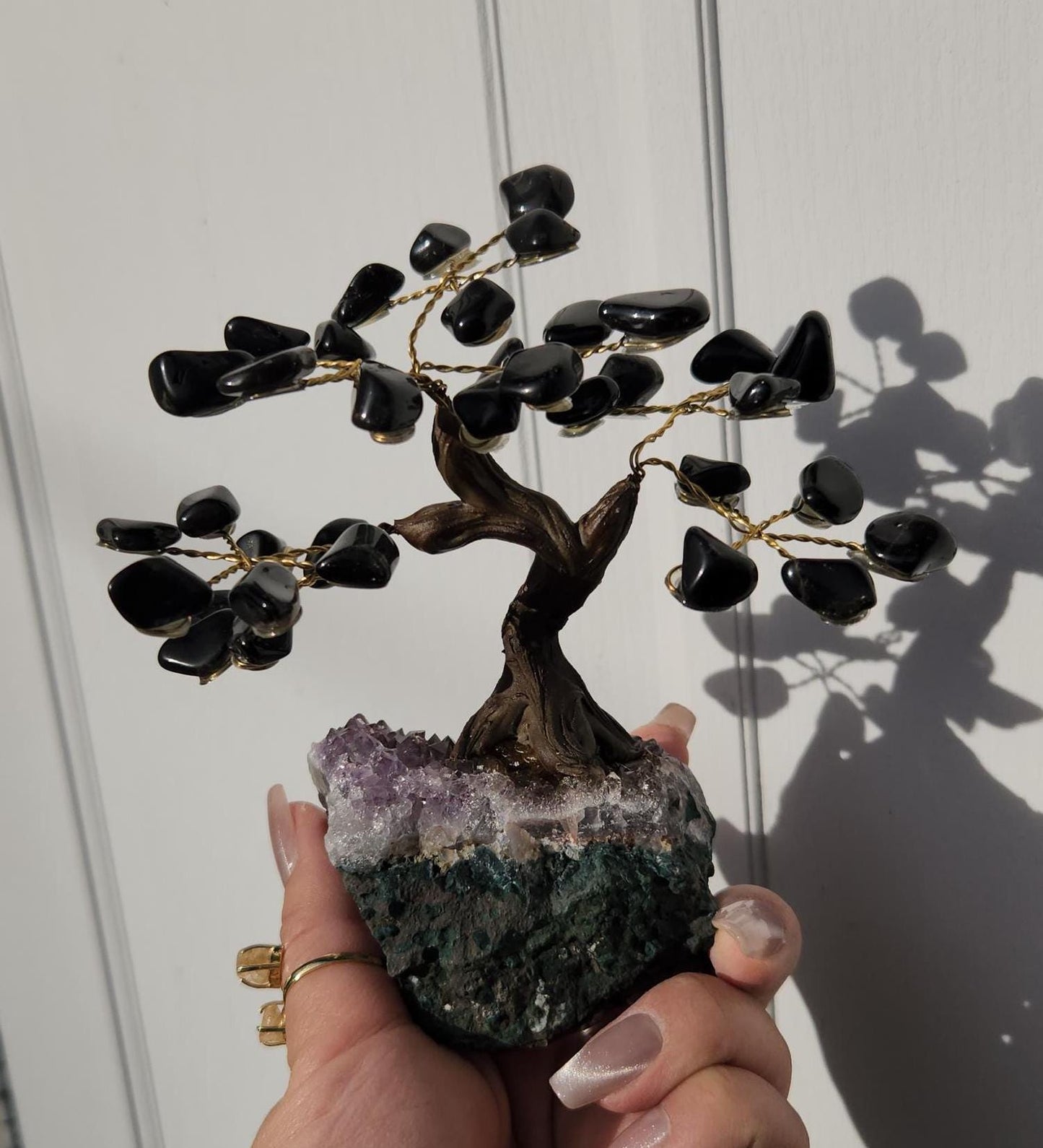 Beautiful black onyx bonsai tree with a purple amethyst cluster base from Brazil