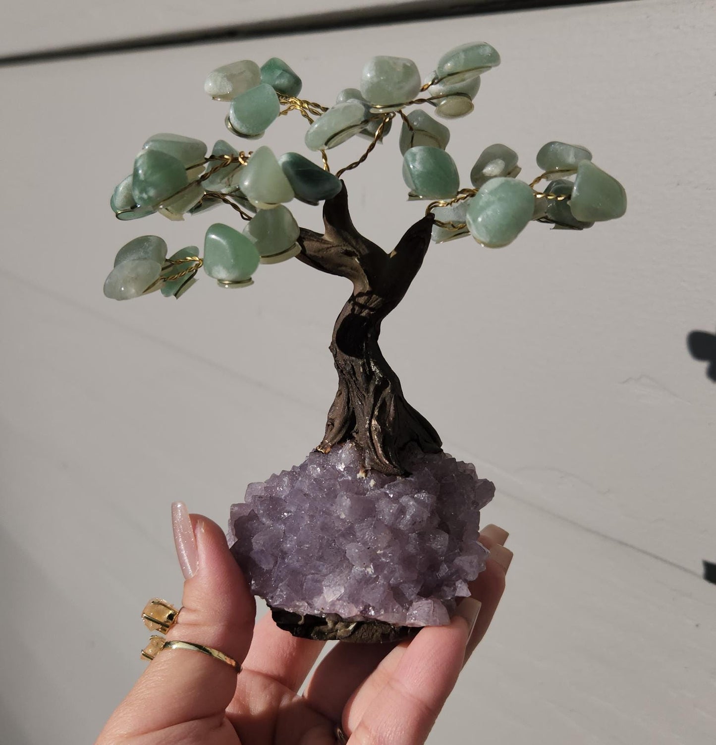 Lucky green aventurine bonsai tree with purple amethyst cluster base from Brazil, home decor