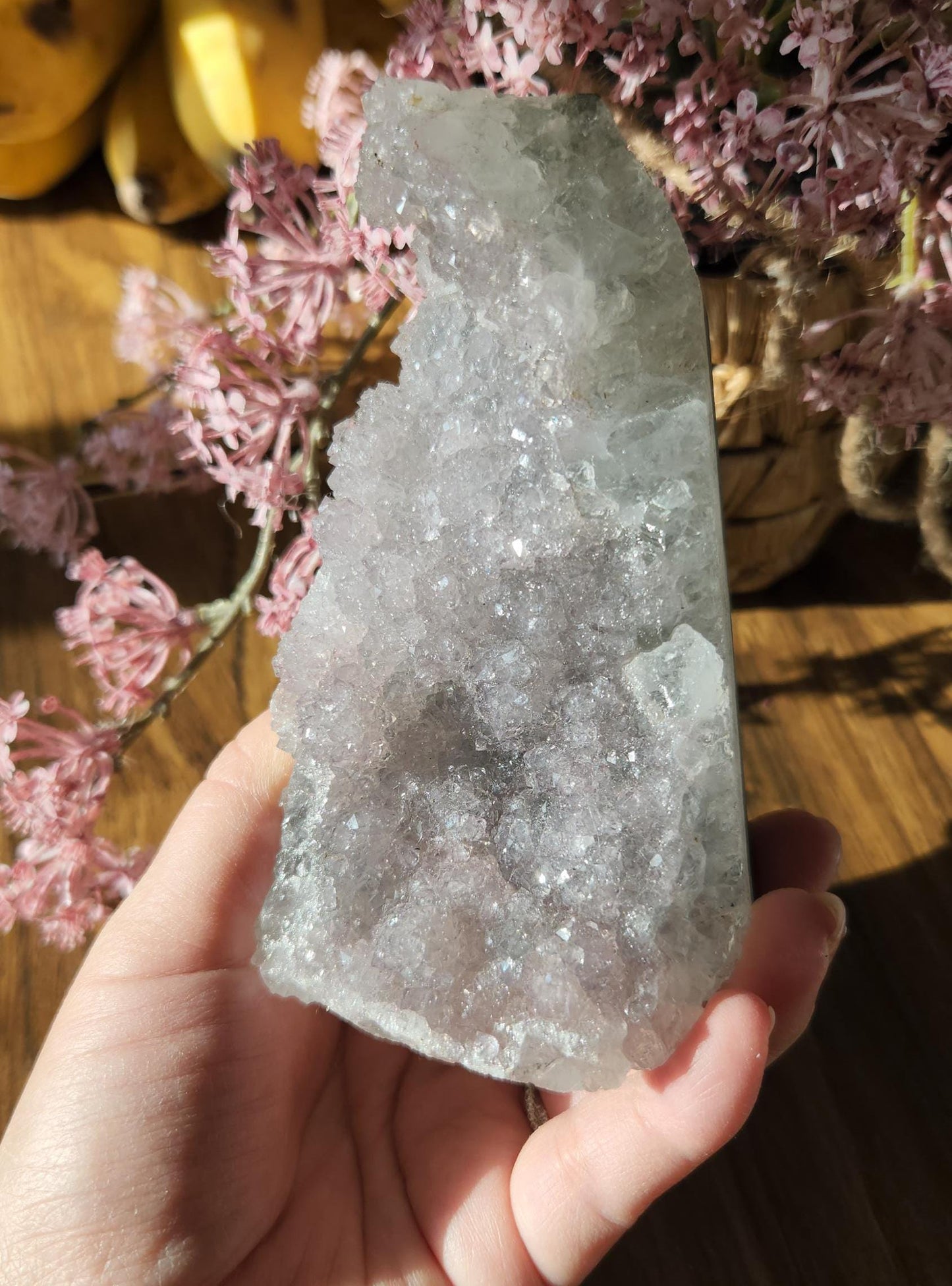 Pretty light lavender amethyst, double crystallization, sugar shine, raw cutbase, natural, from Brazil