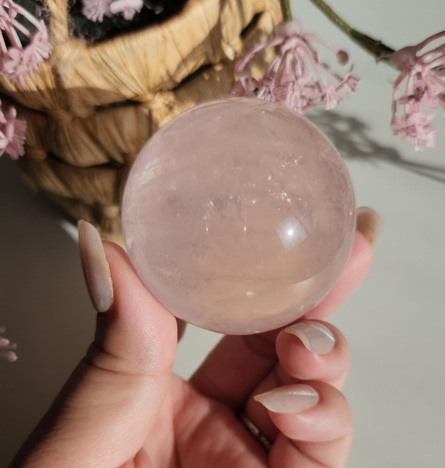 High quality 6 star rose quartz sphere, translucent with inclusions and rainbows from Mozambique H50