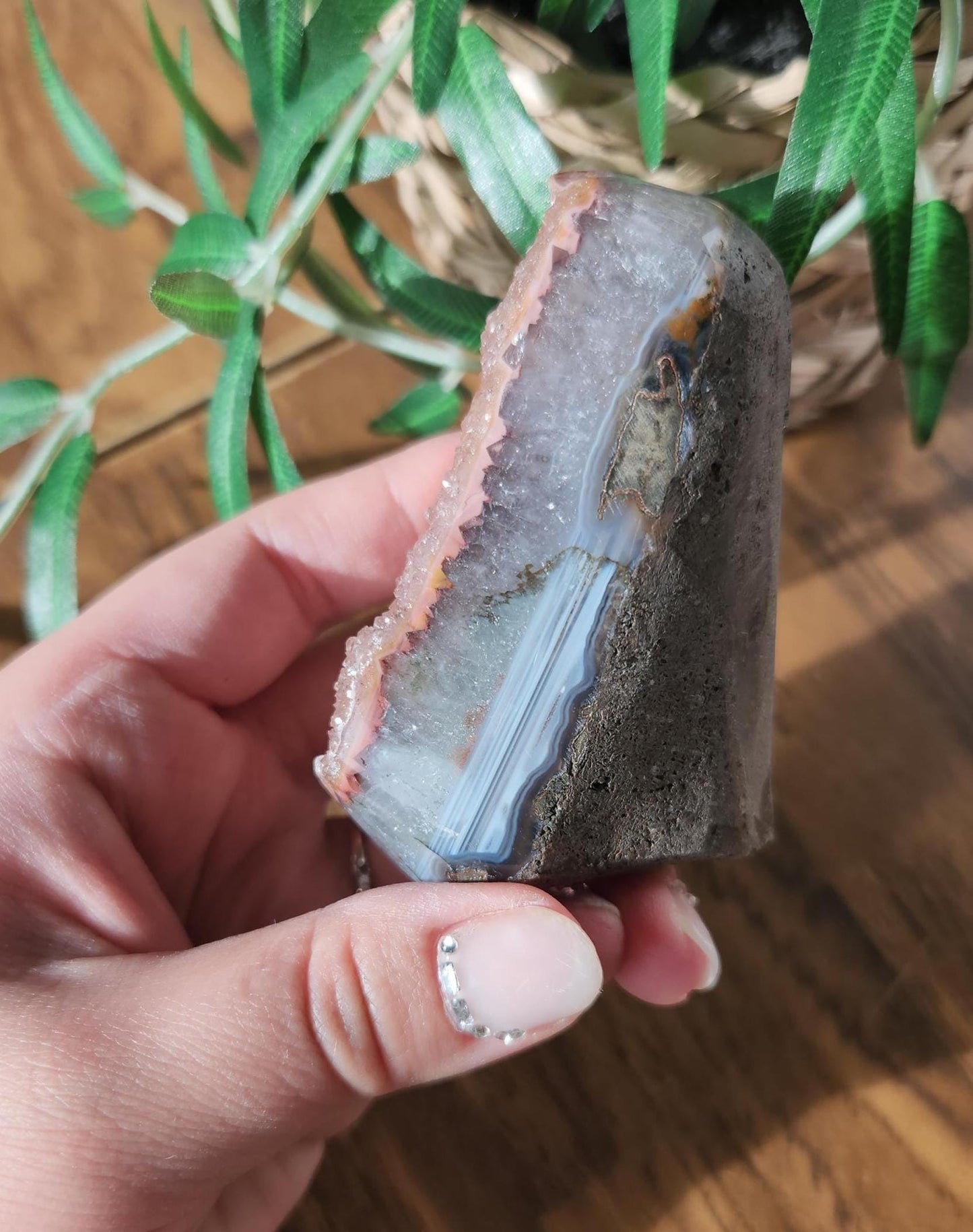 Peachy pink rainbow amethyst with quartz and a beautiful layer of blue agate, cut base, Uruguay amethyst, natural color