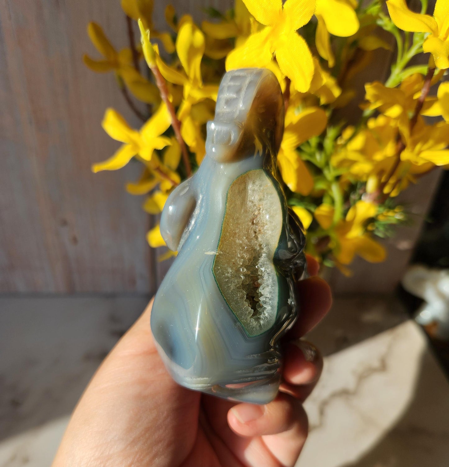 Beautiful hand carved elephant, dark blue gray agate with a sparkly quartz druzy pocket, natural, pretty banding