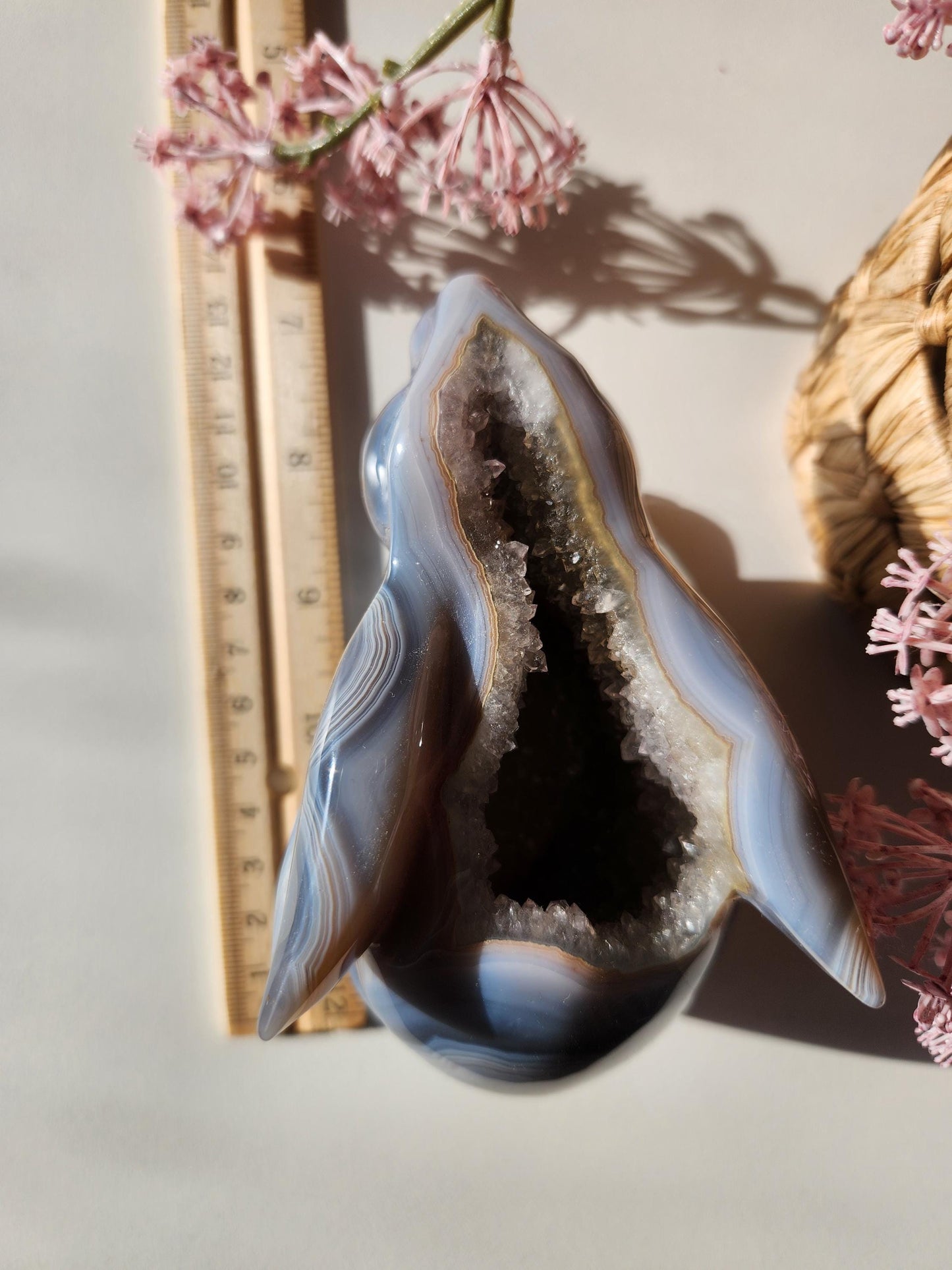 Beautiful hand carved agate bunny with a sparkly amethyst druzy, natural, amazing banding with orbs/eye, quartz