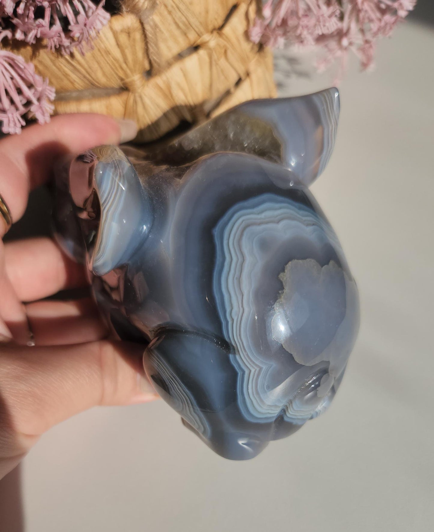 Beautiful hand carved agate bunny with a sparkly amethyst druzy, natural, amazing banding with orbs/eye, quartz