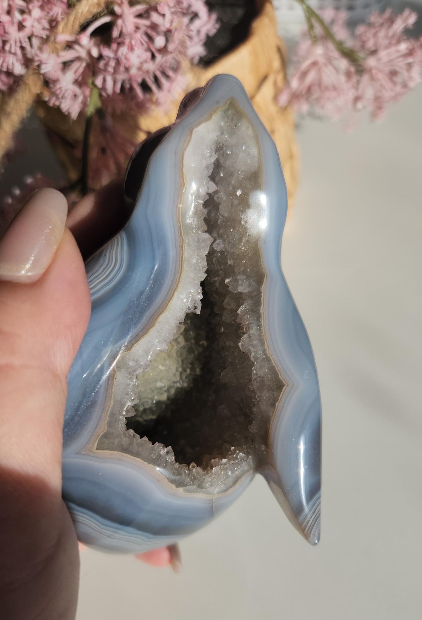 Beautiful hand carved agate bunny with a sparkly amethyst druzy, natural, amazing banding with orbs/eye, quartz
