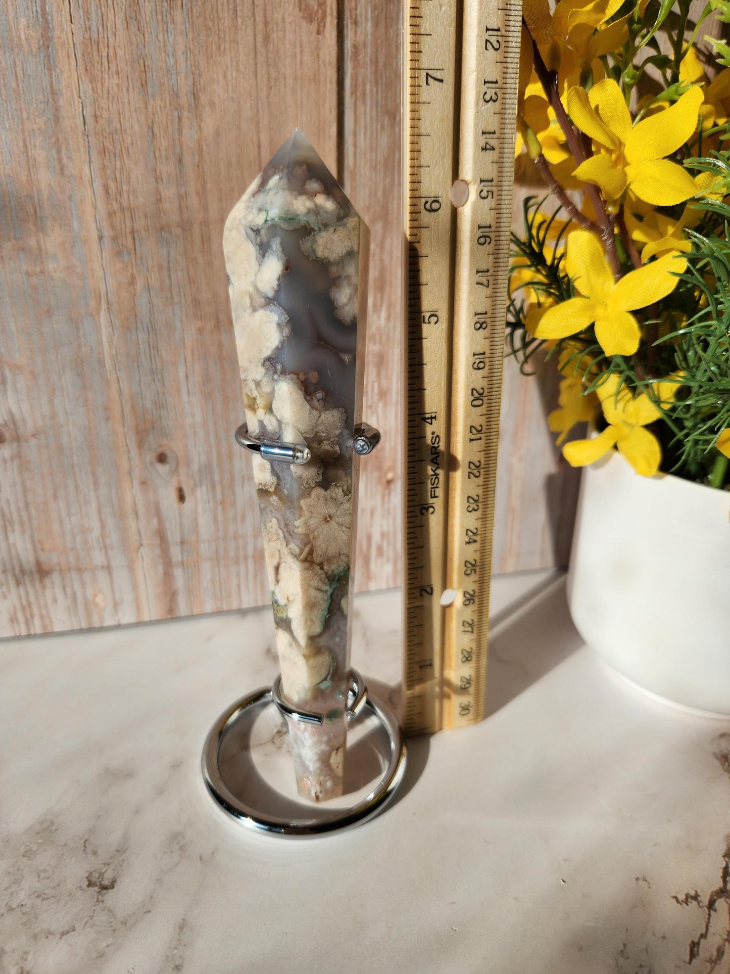Natural black flower agate wand with stand, has quartz, black chalcedony, a touch of green, and beautiful agate banding from Madagascar
