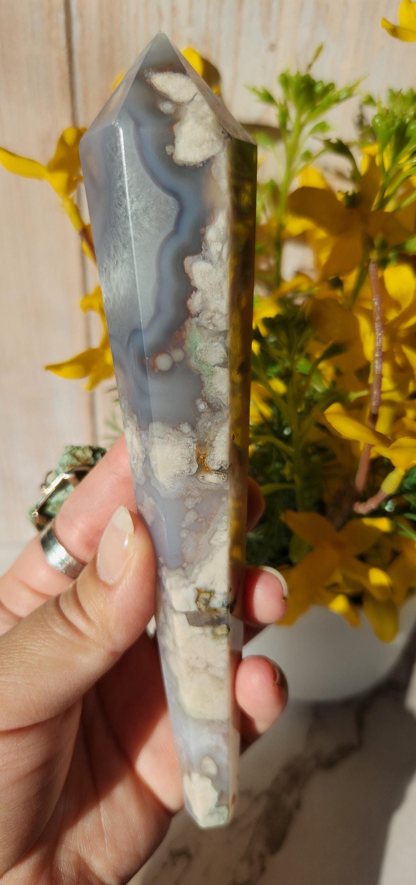 Natural black flower agate wand with stand, has quartz, black chalcedony, a touch of green, and beautiful agate banding from Madagascar