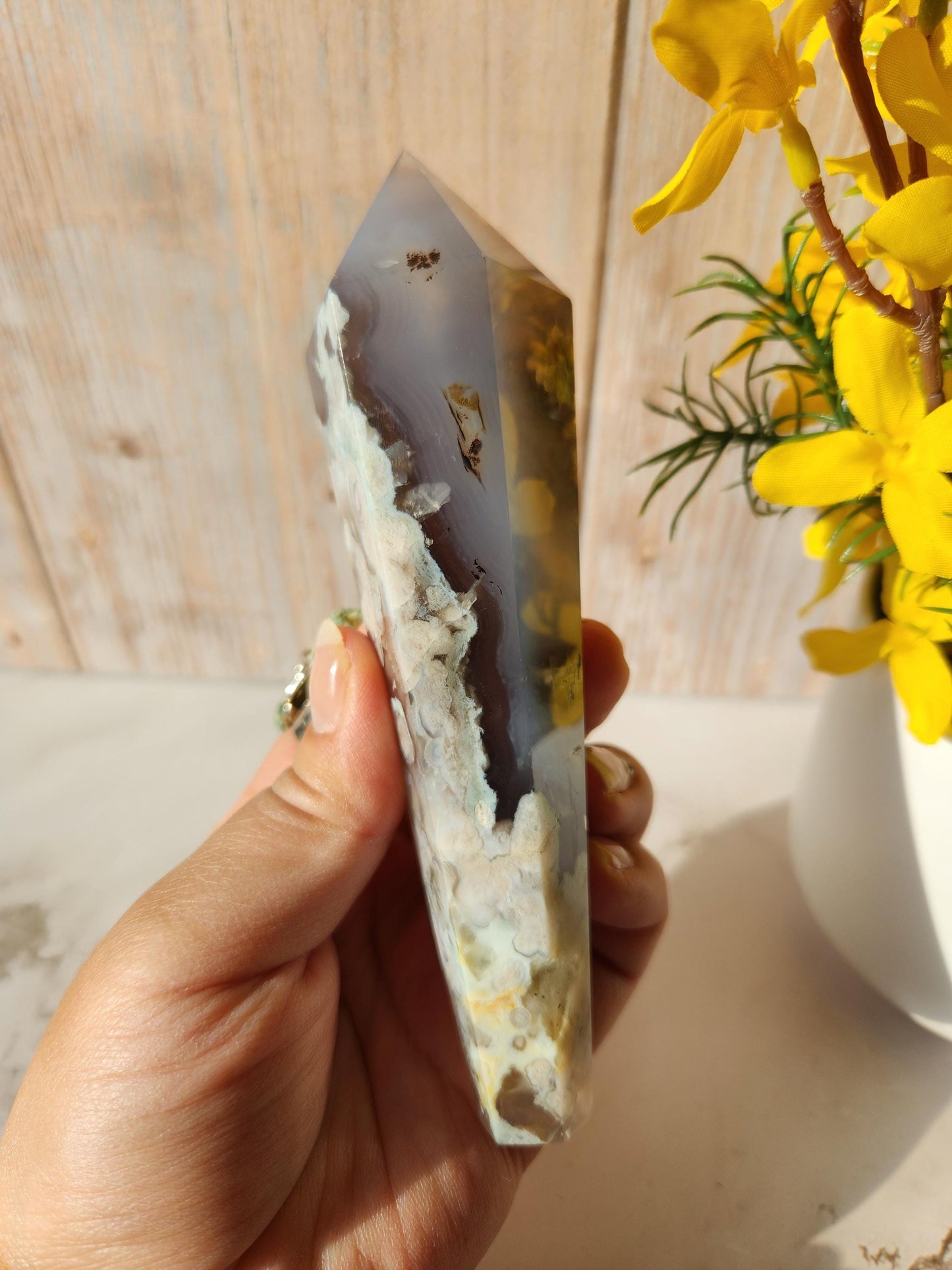 Rare natural black flower agate wand with green flower agate, black chalcedony, small sparkly druzy, from Madagascar, stand included