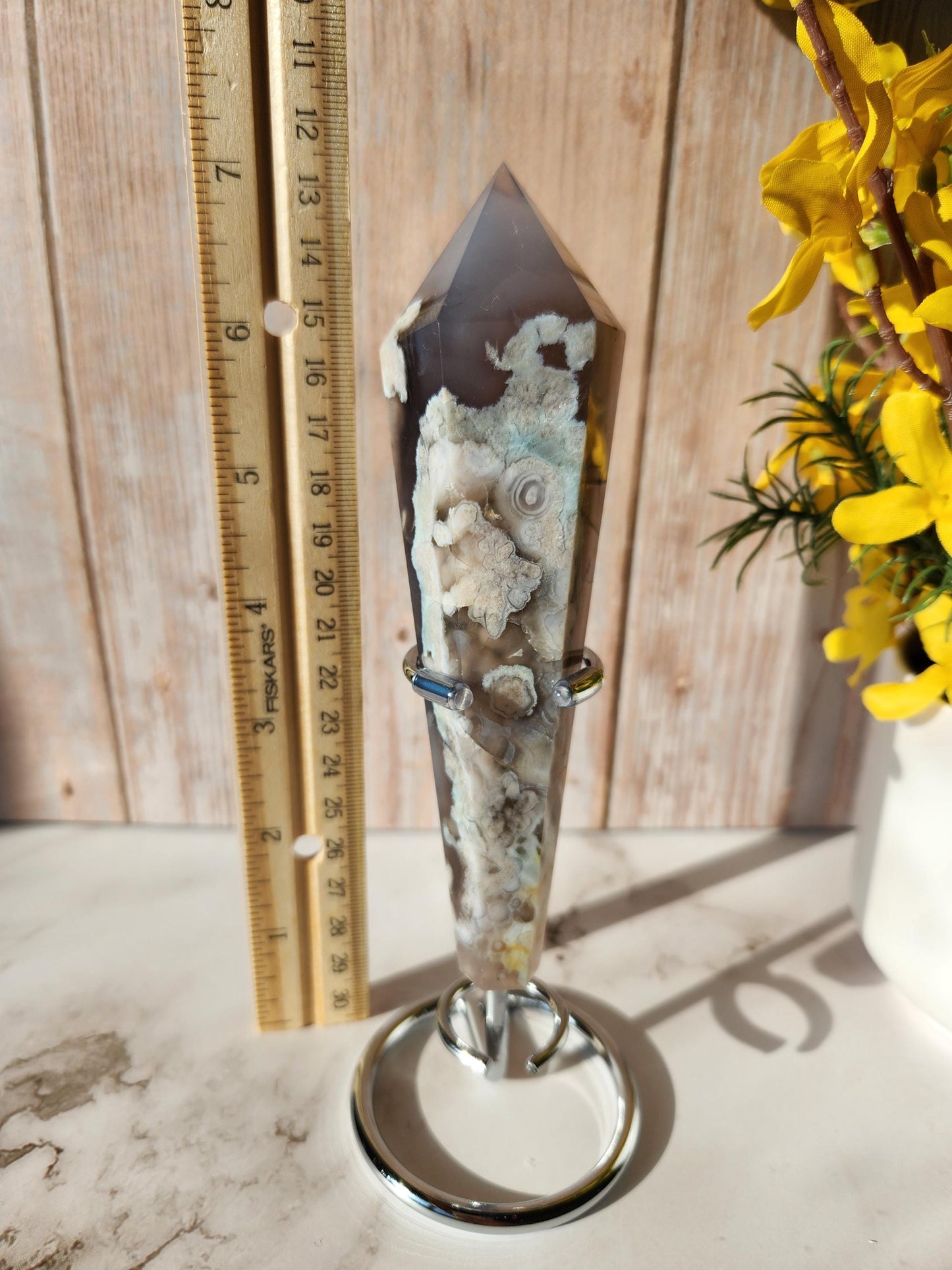 Rare natural black flower agate wand with green flower agate, black chalcedony, small sparkly druzy, from Madagascar, stand included