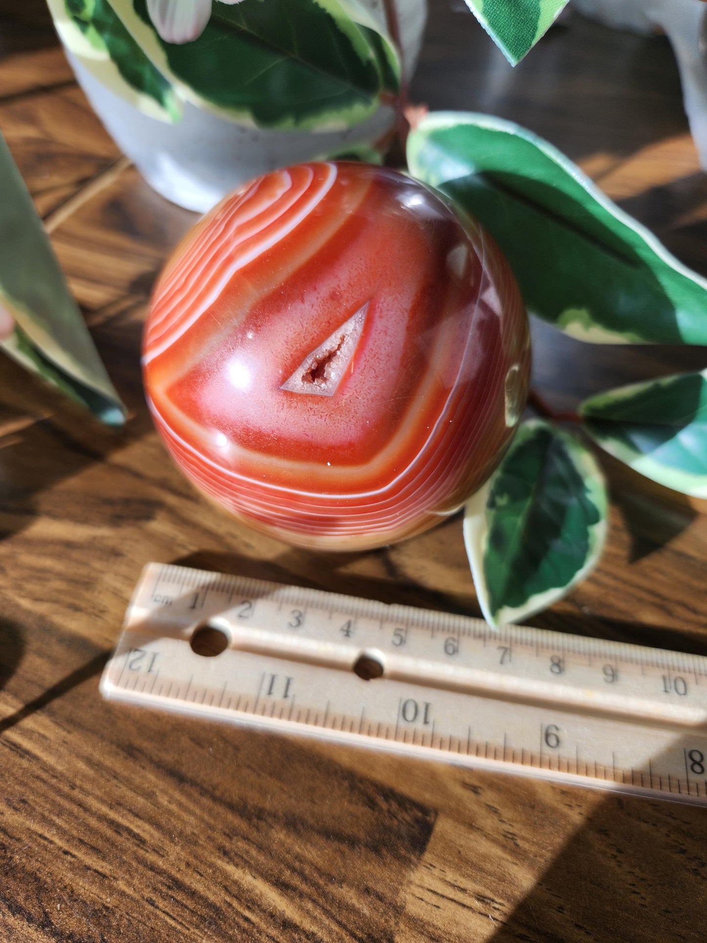 Amazing natural carnelian/sardonyx sphere with beautiful banding, has a druzy 67.2mm