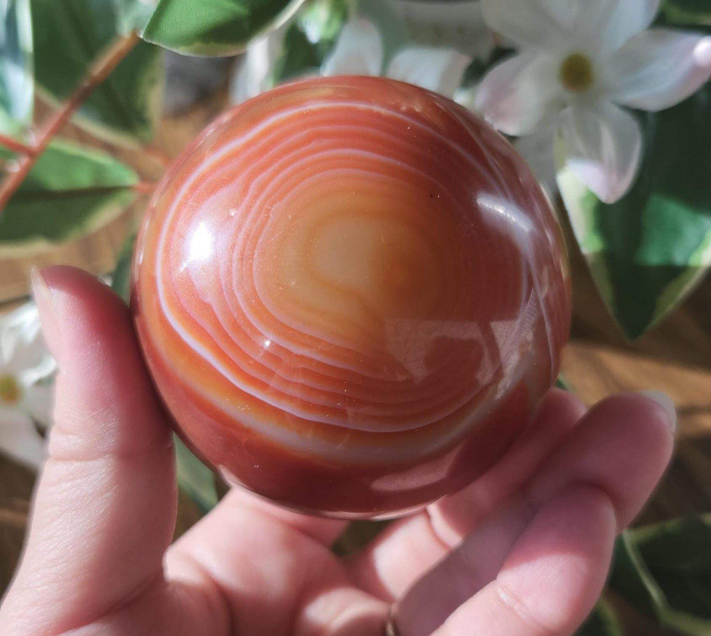 Amazing natural carnelian/sardonyx sphere with beautiful banding, has a druzy 67.2mm