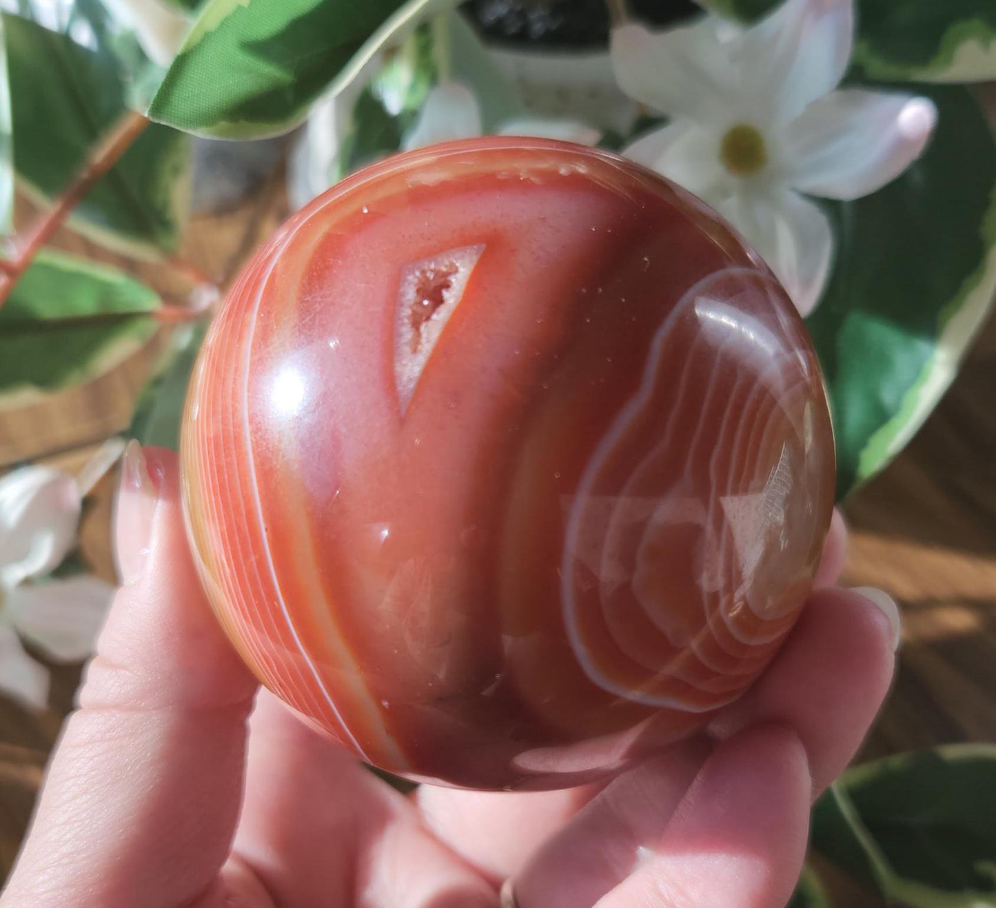 Amazing natural carnelian/sardonyx sphere with beautiful banding, has a druzy 67.2mm