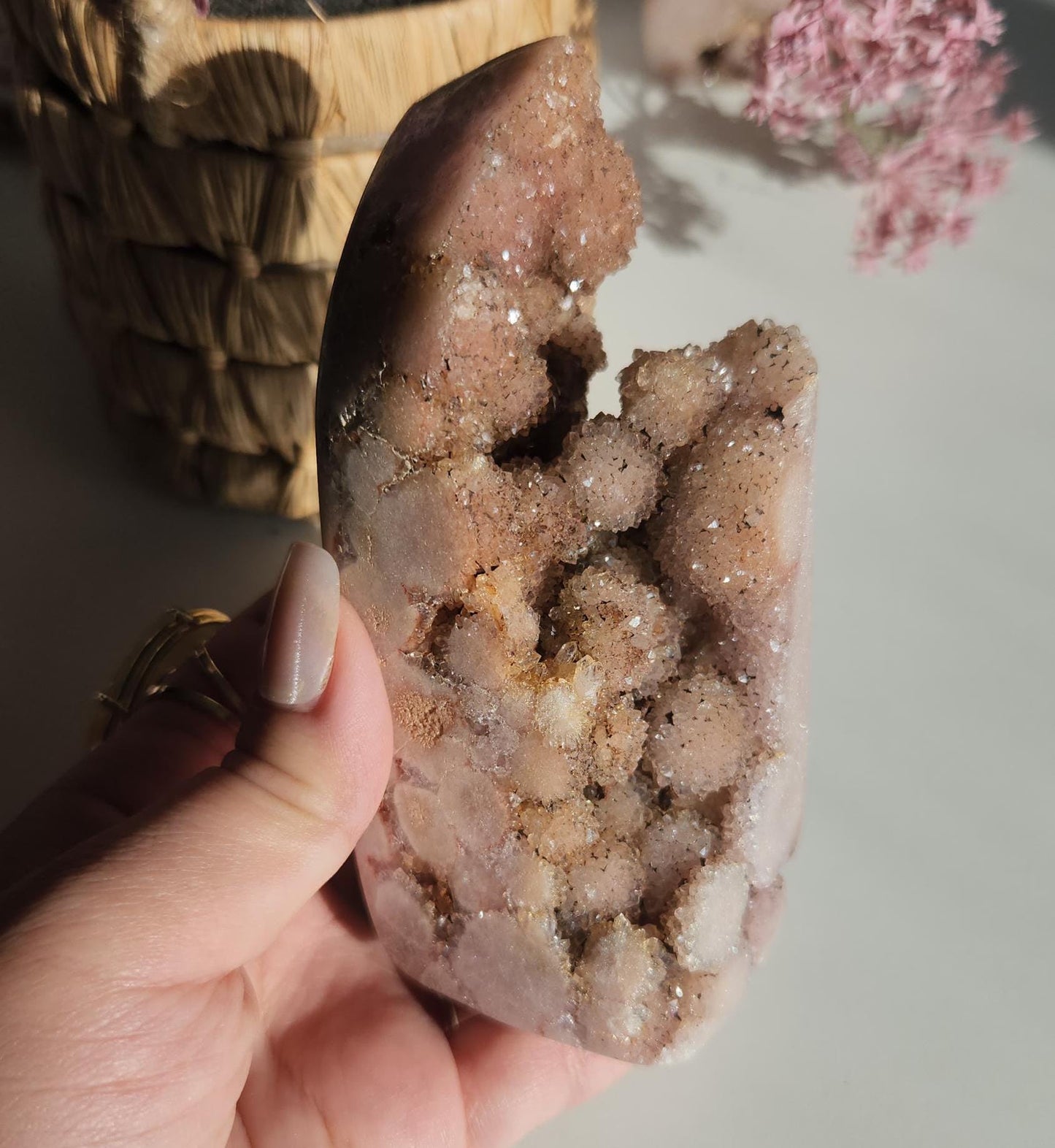 Beautiful large pink amethyst freefrom with sparkly bubble druzy from Brazil, bubble formations