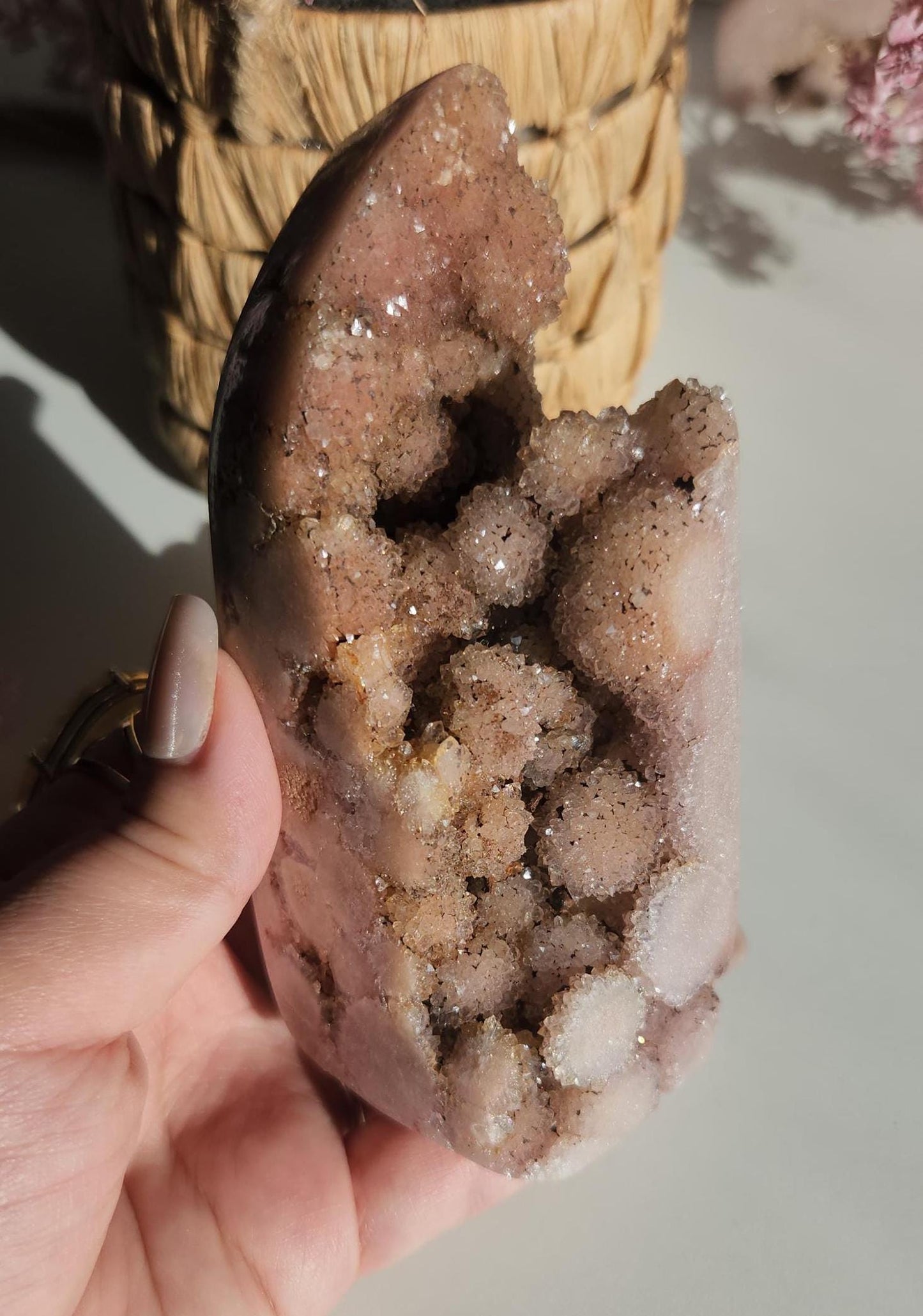 Beautiful large pink amethyst freefrom with sparkly bubble druzy from Brazil, bubble formations