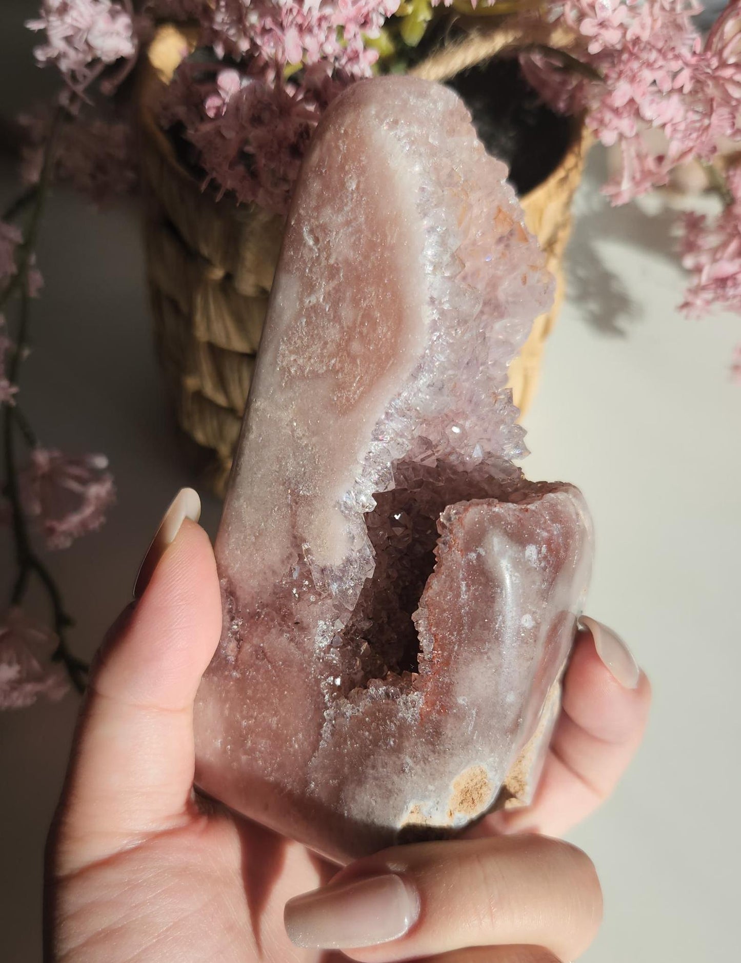 High quality large pink amethyst freefrom with sparkly druzy from Brazil