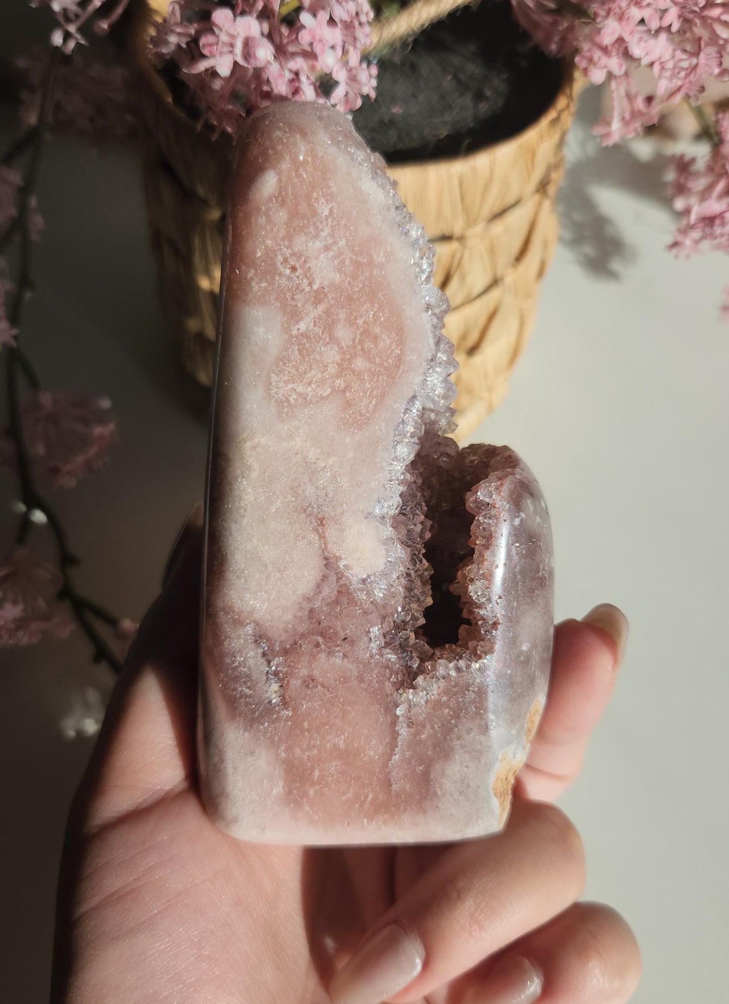 High quality large pink amethyst freefrom with sparkly druzy from Brazil